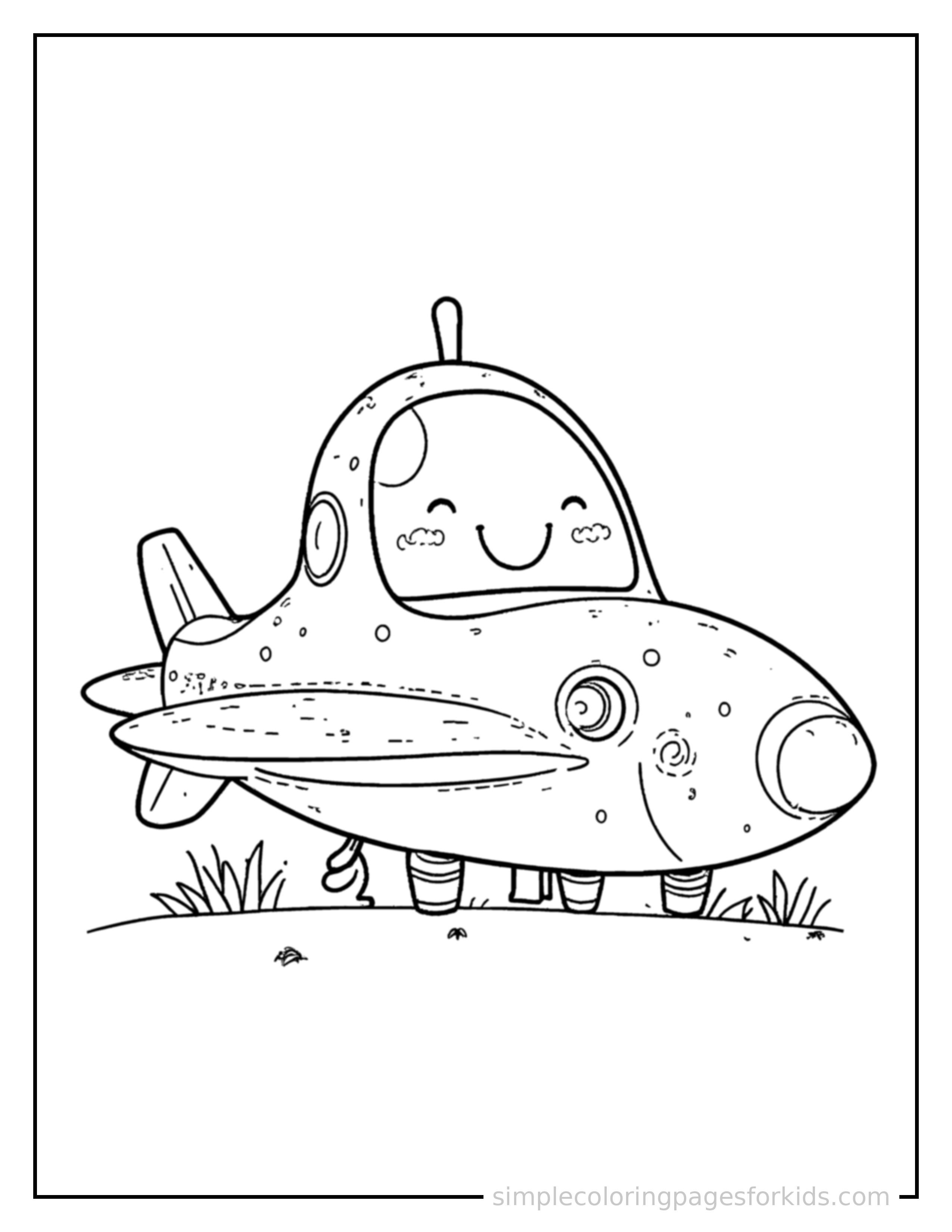 Free printable spaceship coloring page featuring a cute spaceship parked and resting with a sleepy happy expression, one headlight winking.