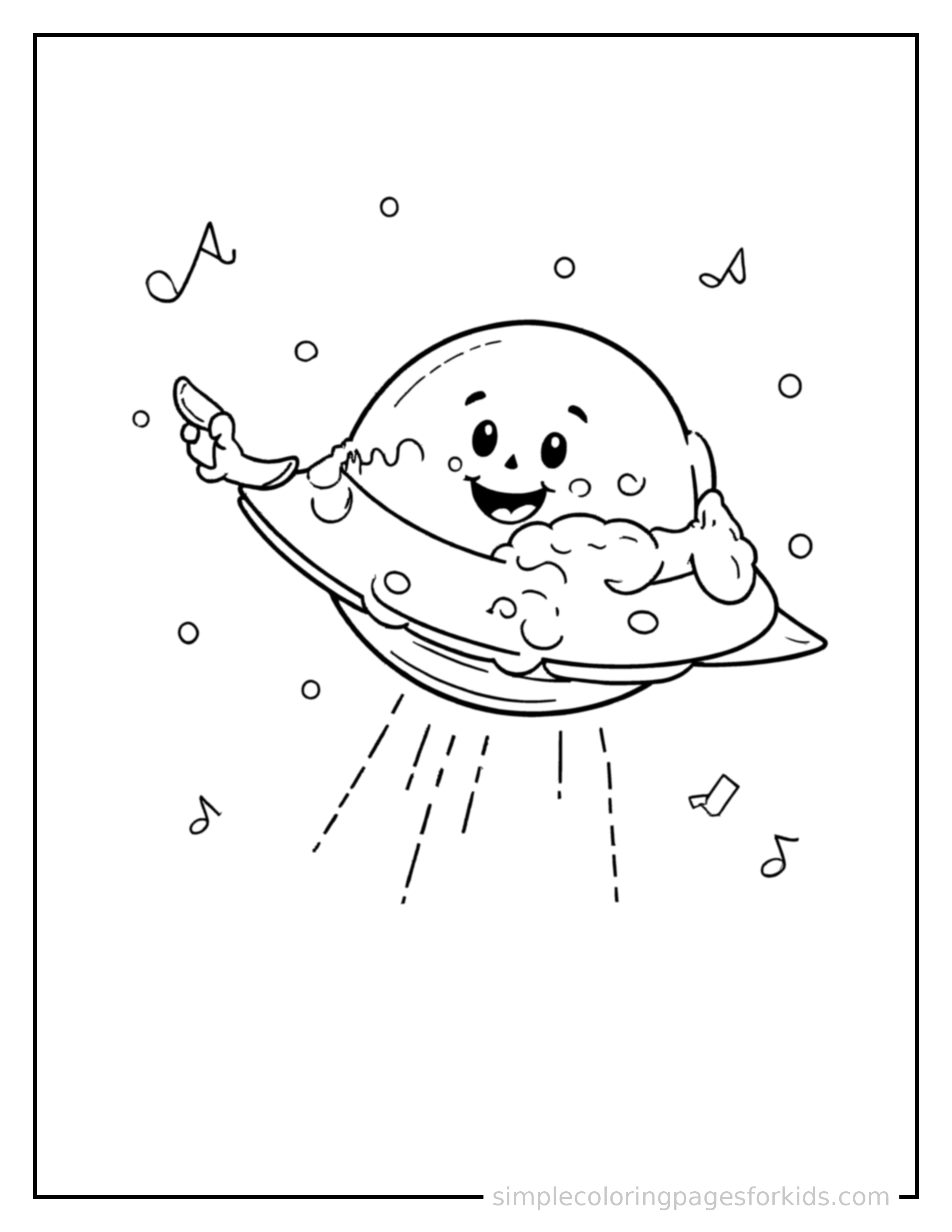 Free printable ufo coloring page featuring a cute UFO honking its horn with an excited open-mouth grin, small musical notes nearby.