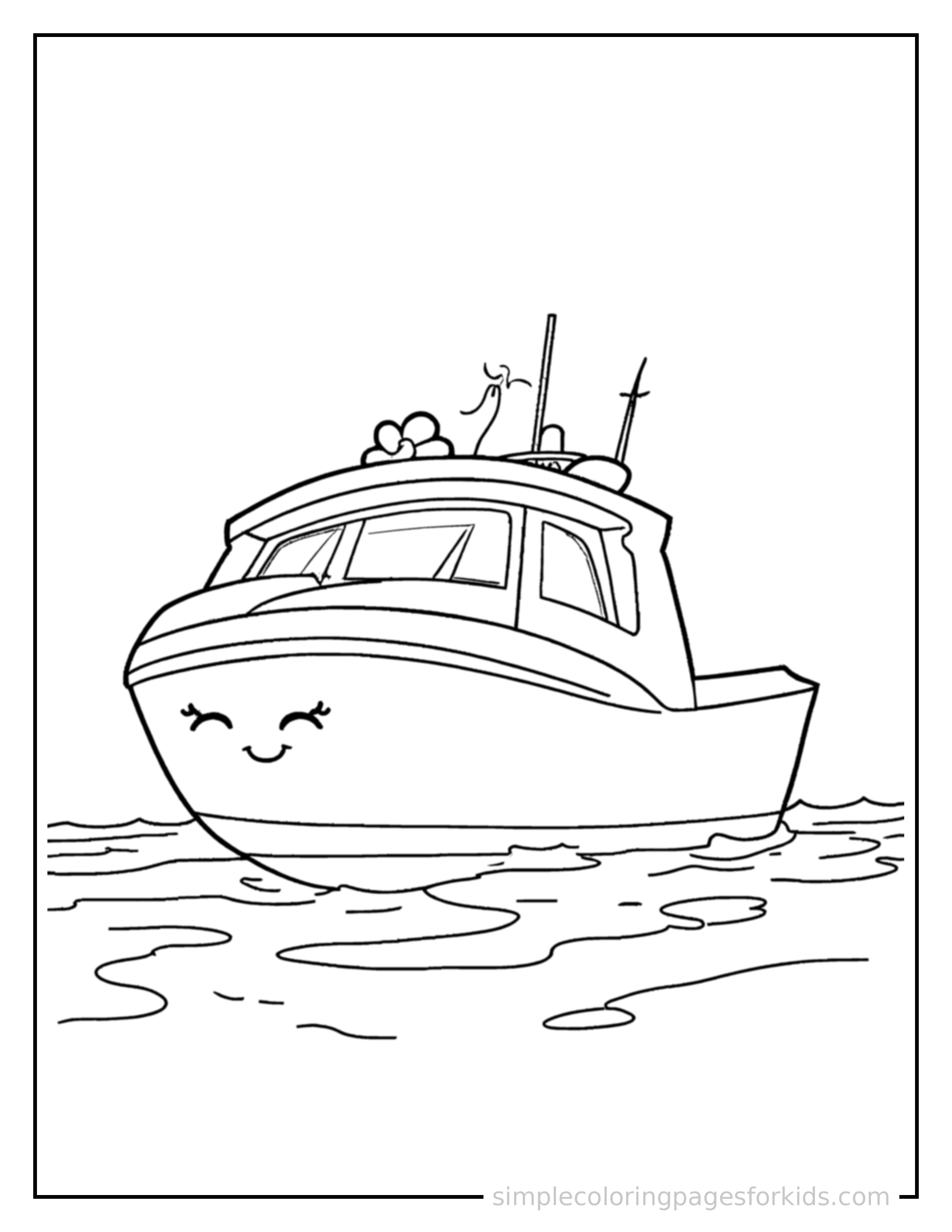 Free printable yacht coloring page featuring a cute yacht parked and resting with a sleepy happy expression, one headlight winking.