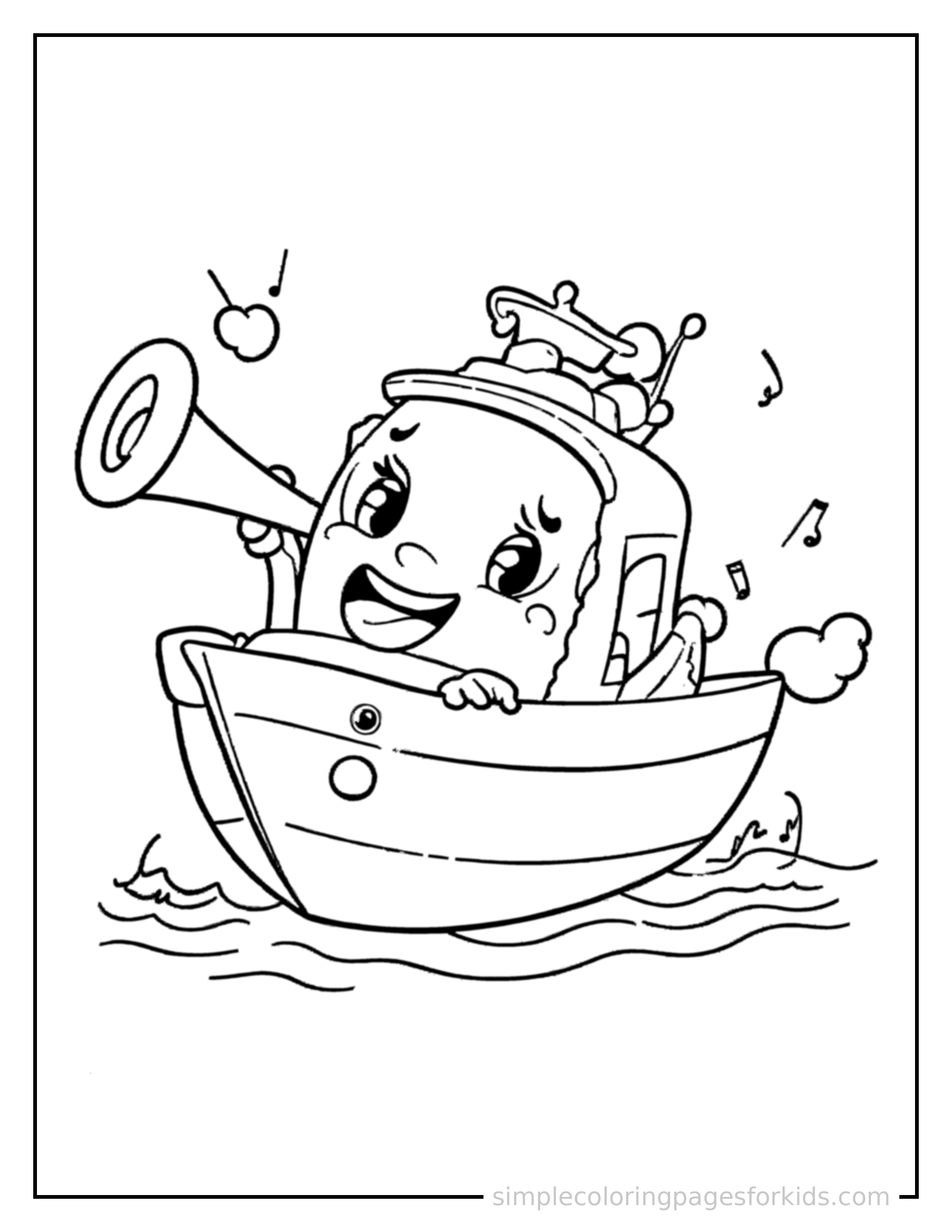Free printable yacht coloring page featuring a cute yacht honking its horn with an excited open-mouth grin, small musical notes nearby.