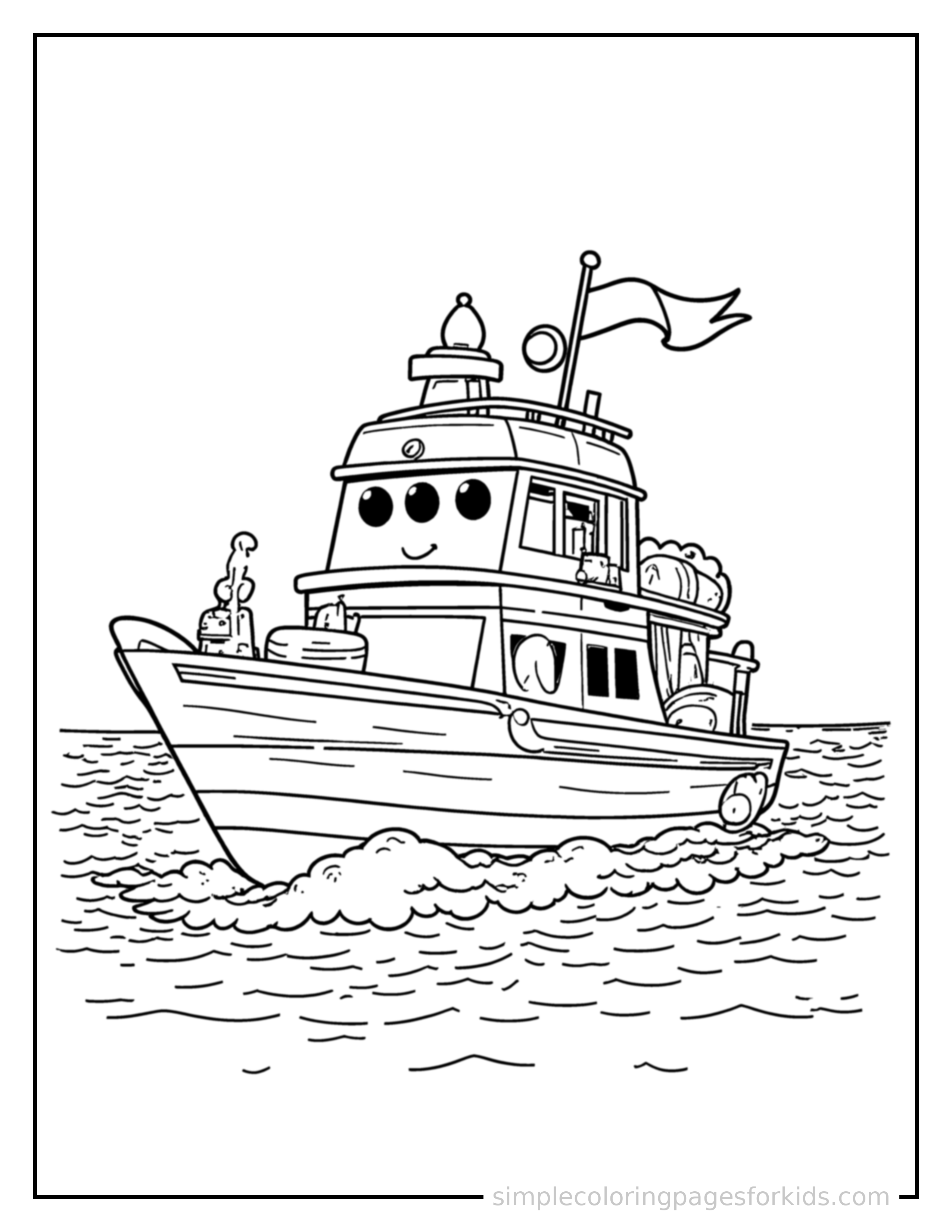 Free printable yacht coloring page featuring a cute yacht loaded up with fun cargo, proud big smile, motion lines showing it moving.