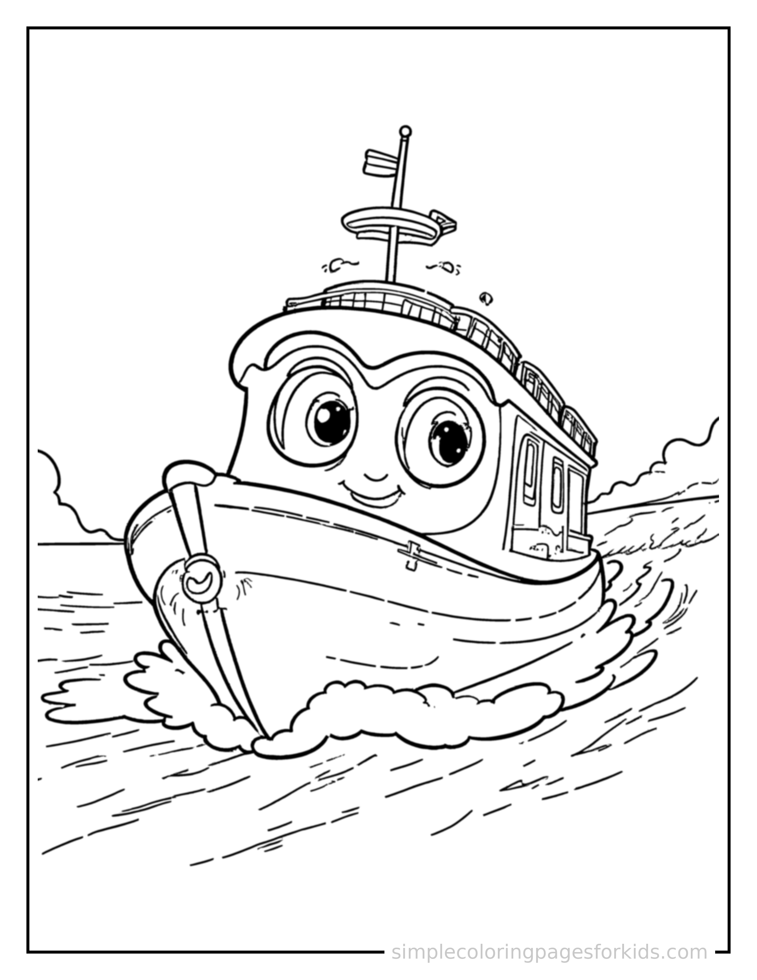 Free printable ferry boat coloring page featuring a cute ferry boat driving forward fast with a big cheerful headlight-eyes face, motion lines trailing behind.