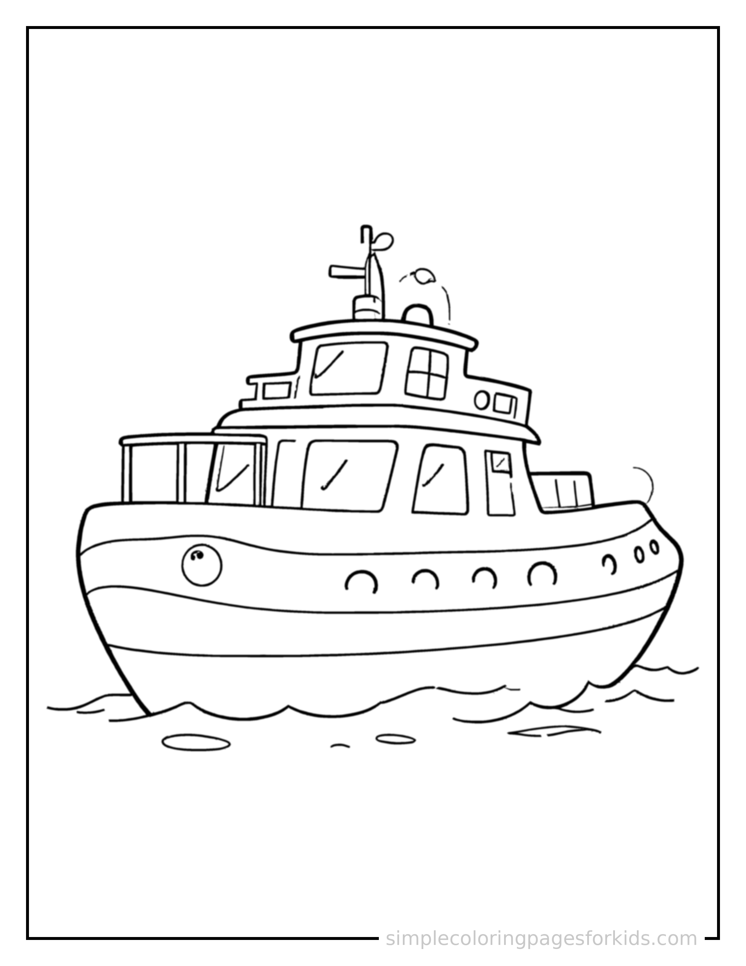 Free printable ferry boat coloring page featuring a cute ferry boat parked and resting with a sleepy happy expression, one headlight winking.