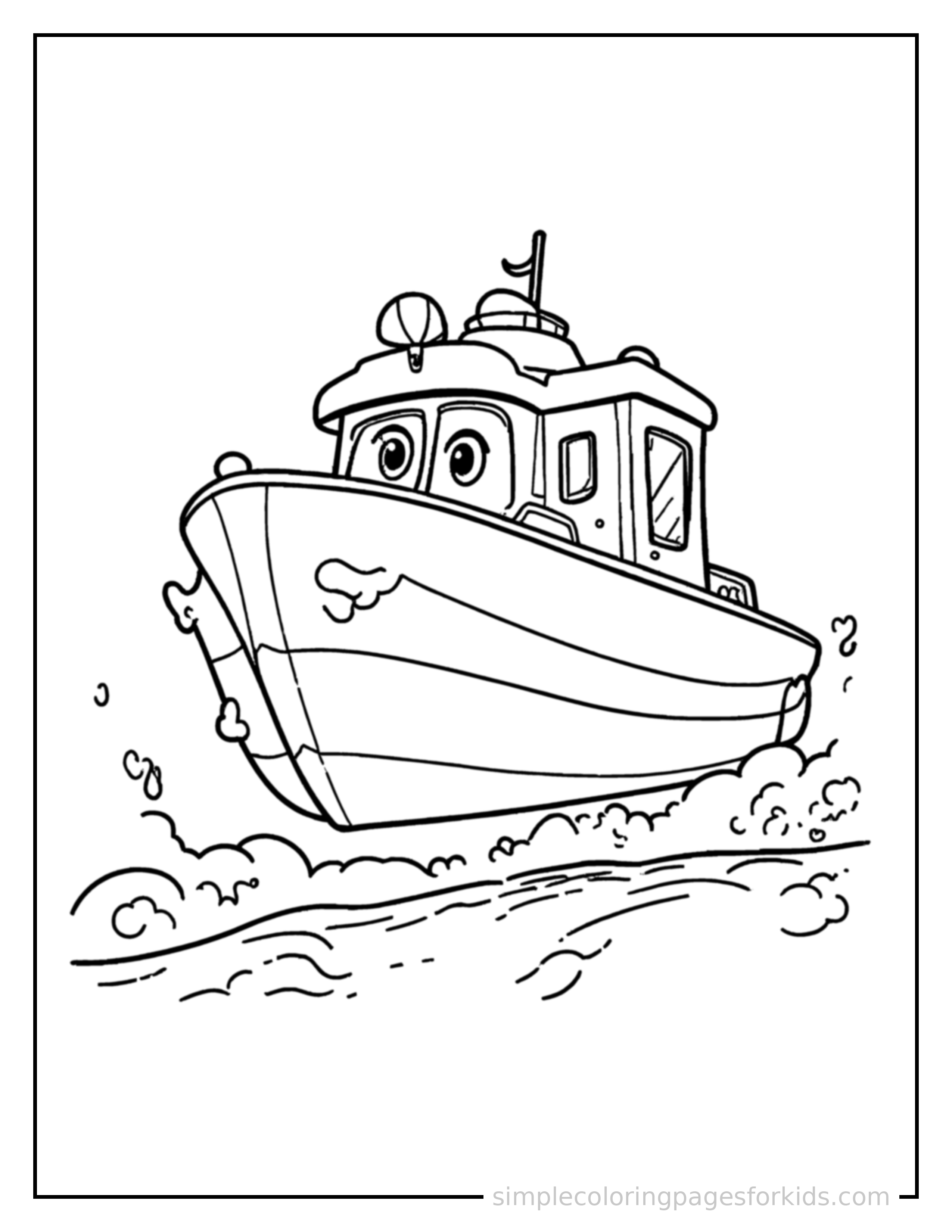 Free printable ferry boat coloring page featuring a cute ferry boat bouncing over a small bump in the road, joyful expression, wheels off the ground.