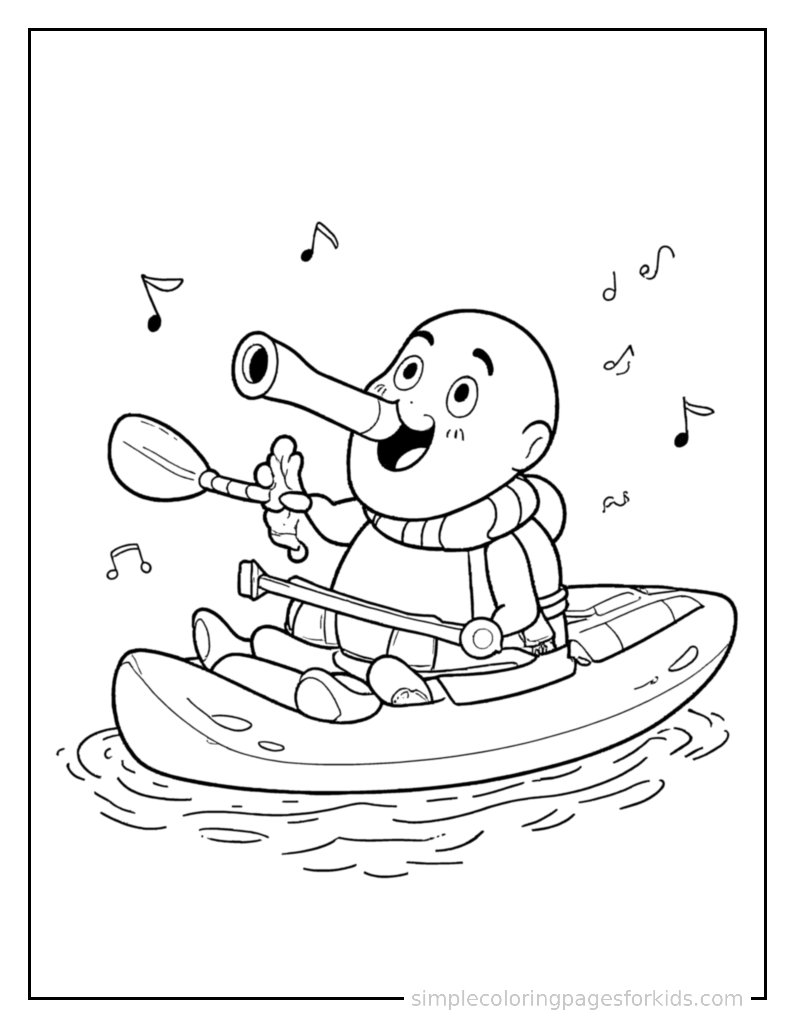 Free printable kayak coloring page featuring a cute kayak honking its horn with an excited open-mouth grin, small musical notes nearby.