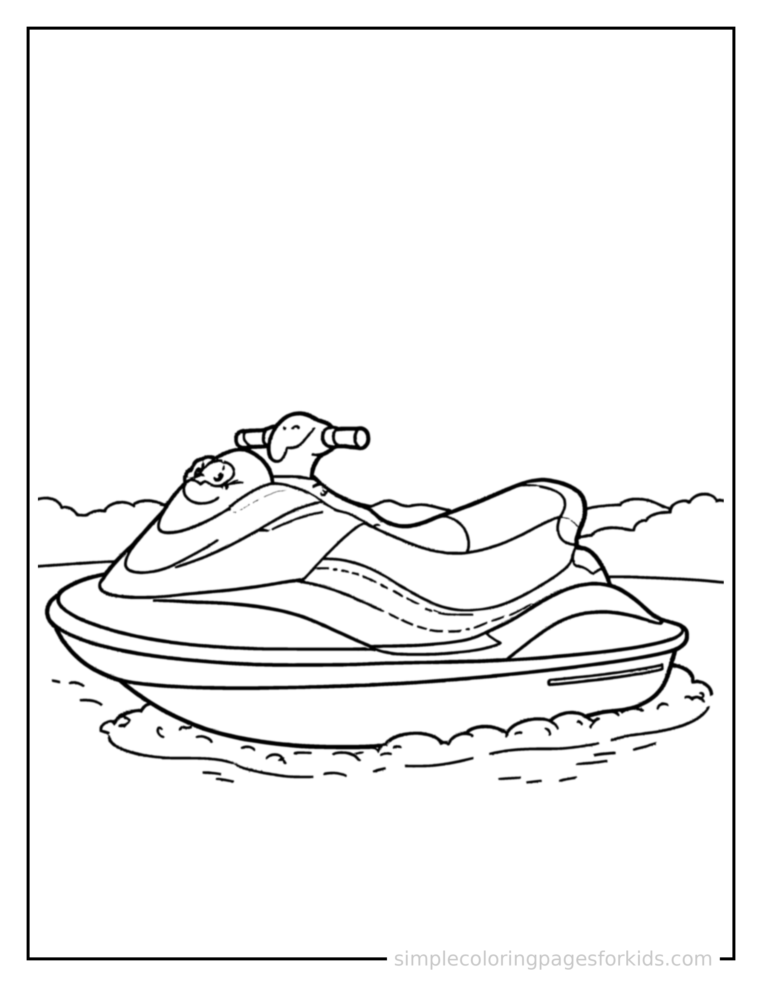 Free printable jet ski coloring page featuring a cute jet ski parked and resting with a sleepy happy expression, one headlight winking.