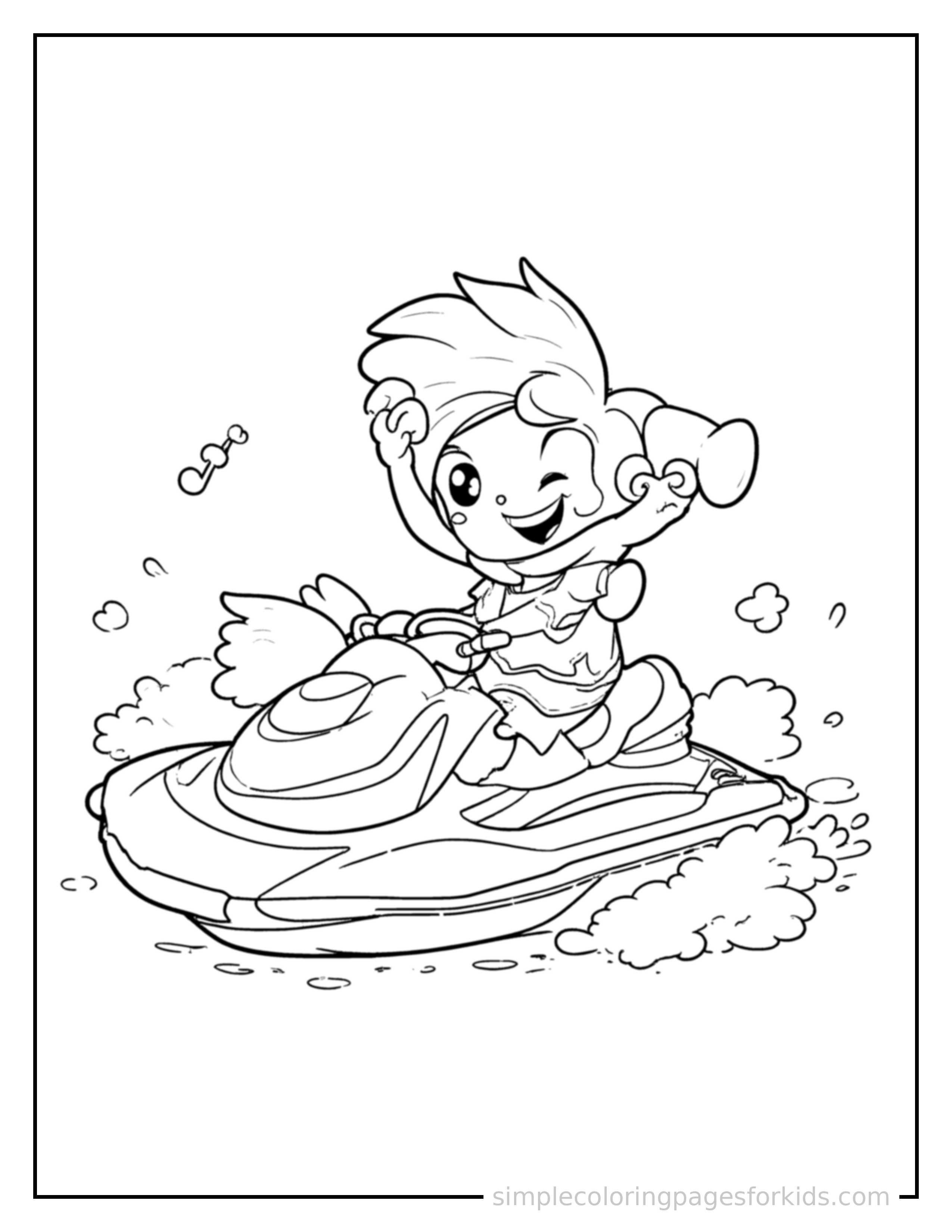 Free printable jet ski coloring page featuring a cute jet ski honking its horn with an excited open-mouth grin, small musical notes nearby.