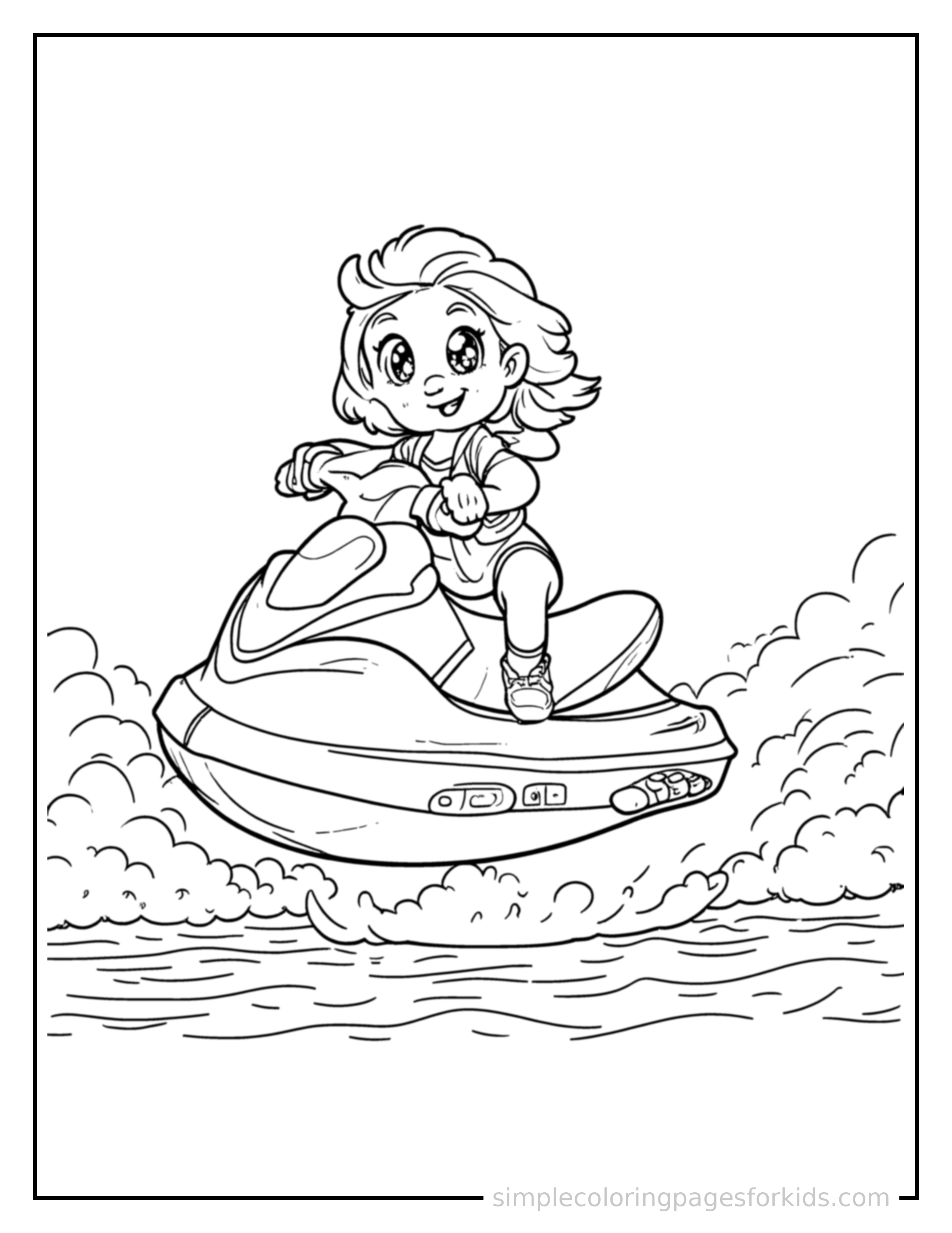 Free printable jet ski coloring page featuring a cute jet ski bouncing over a small bump in the road, joyful expression, wheels off the ground.
