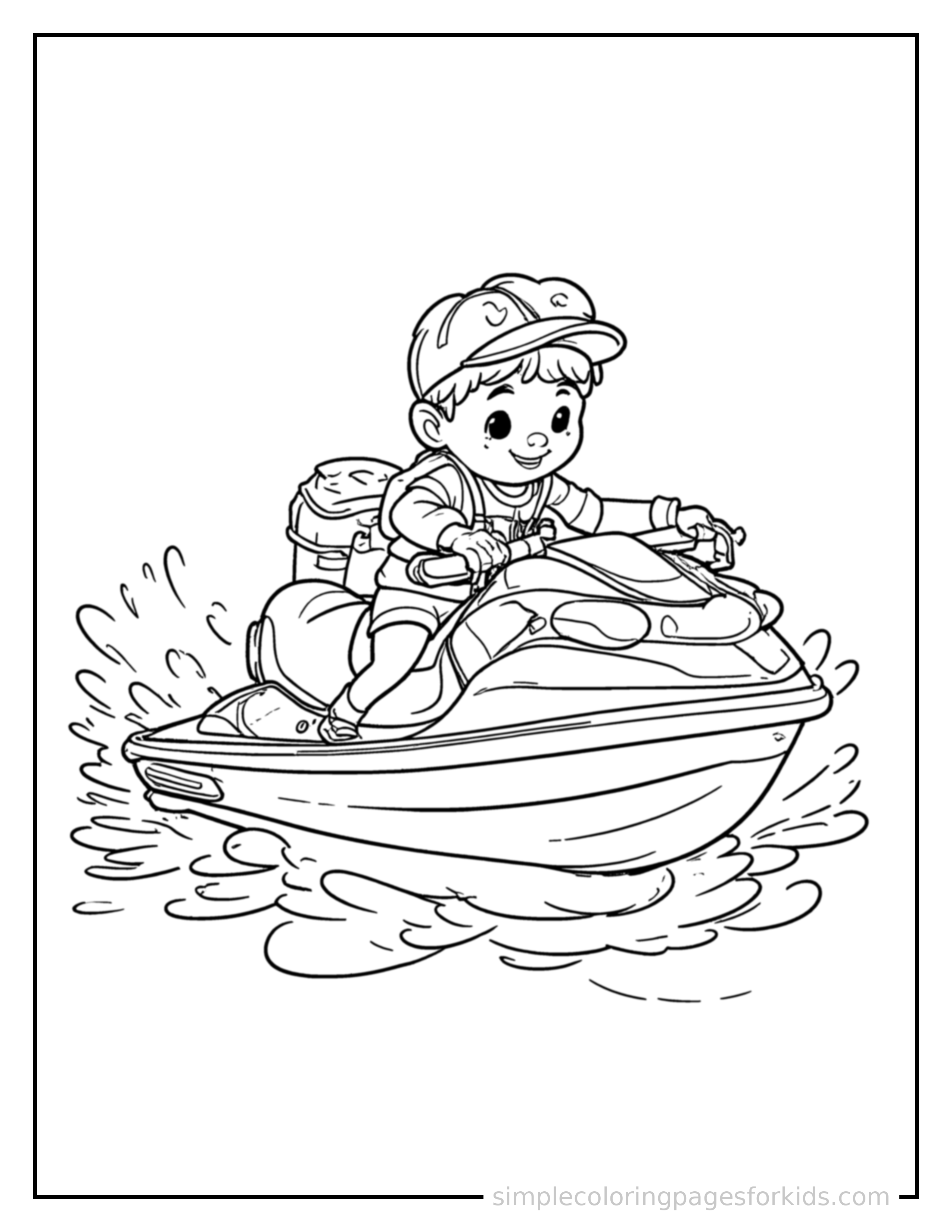 Free printable jet ski coloring page featuring a cute jet ski loaded up with fun cargo, proud big smile, motion lines showing it moving.