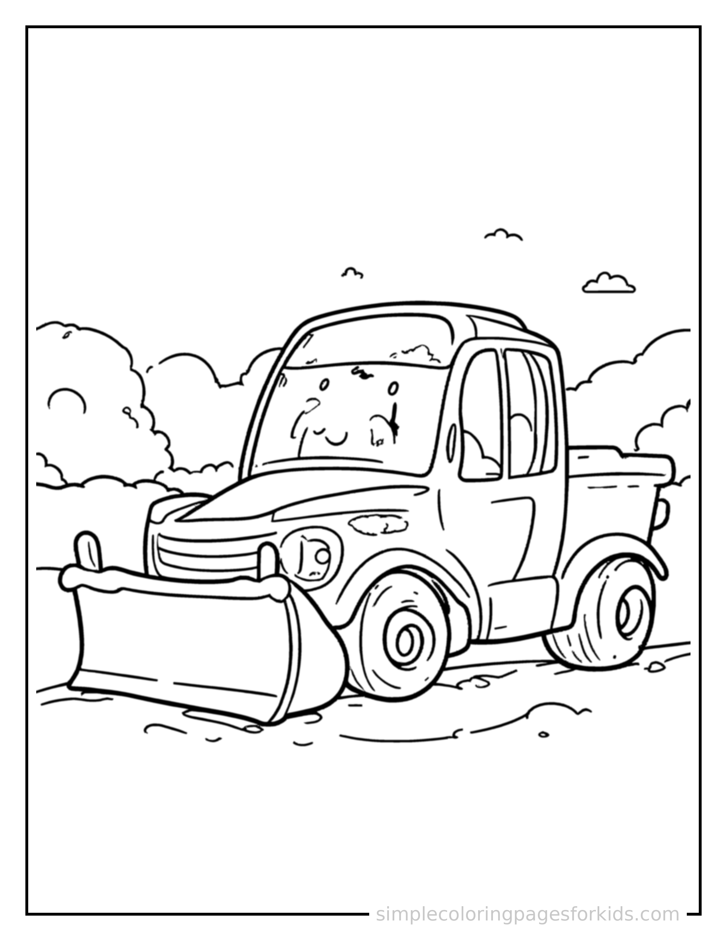Free printable snowplow coloring page featuring a cute snowplow parked and resting with a sleepy happy expression, one headlight winking.