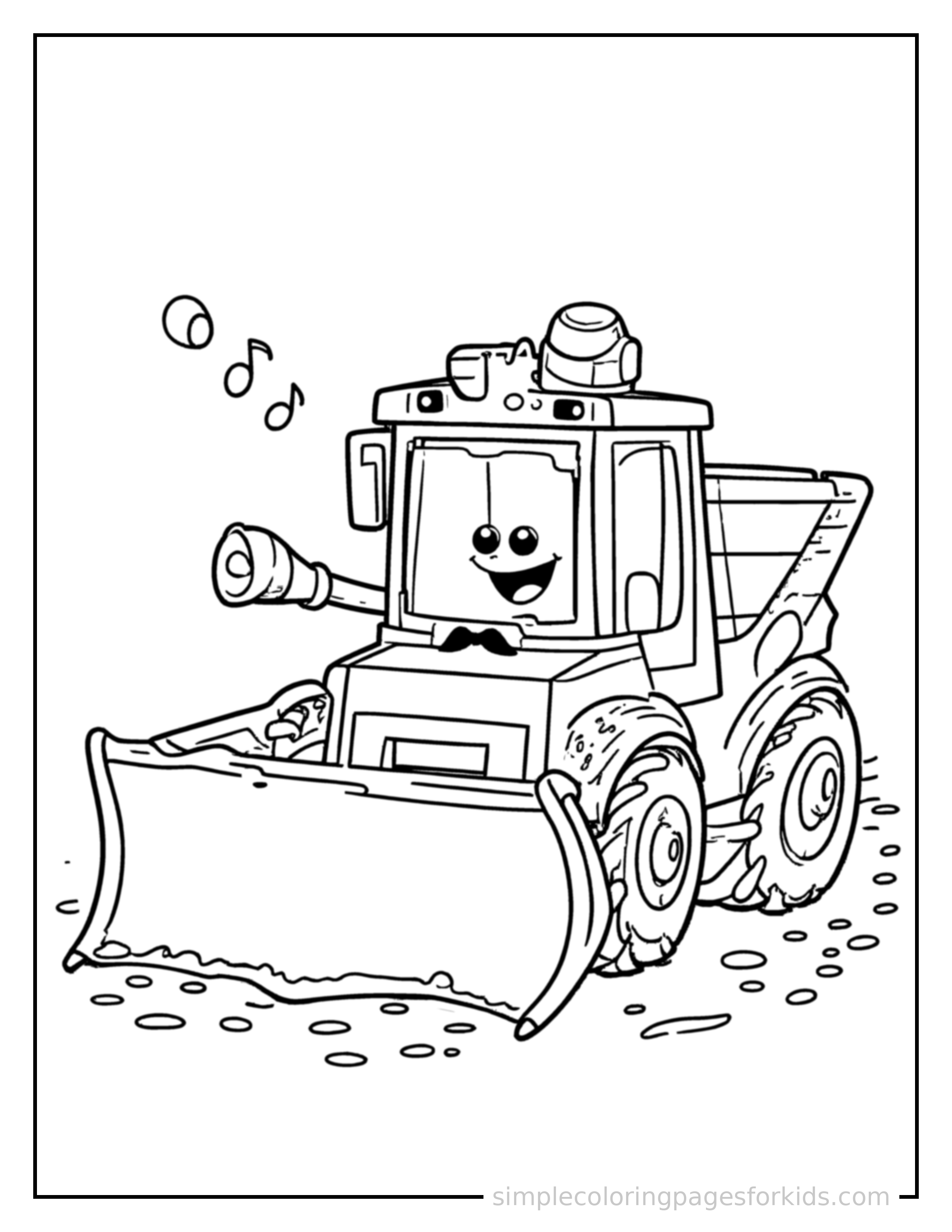 Free printable snowplow coloring page featuring a cute snowplow honking its horn with an excited open-mouth grin, small musical notes nearby.