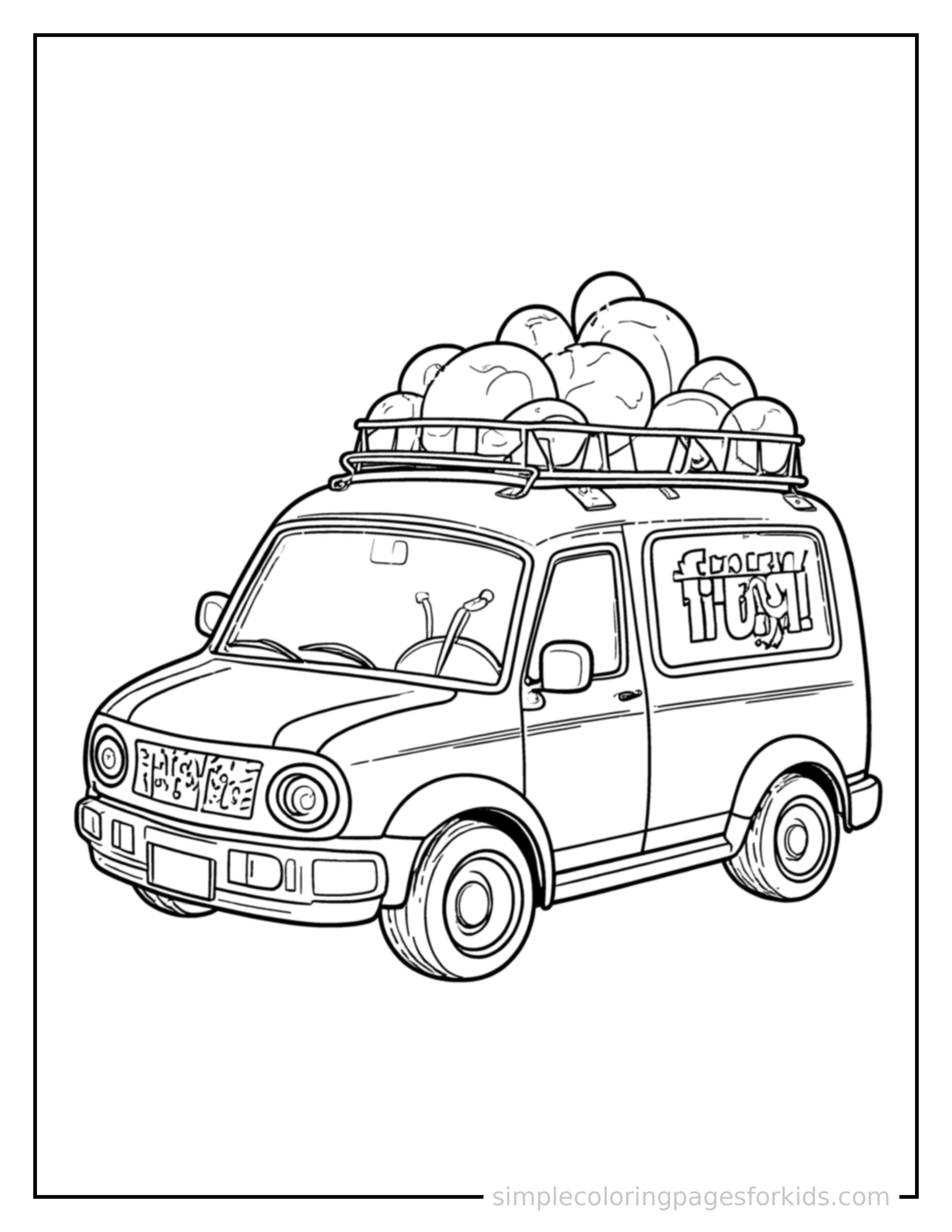 Free printable delivery van coloring page featuring a cute delivery van loaded up with fun cargo, proud big smile, motion lines showing it moving.