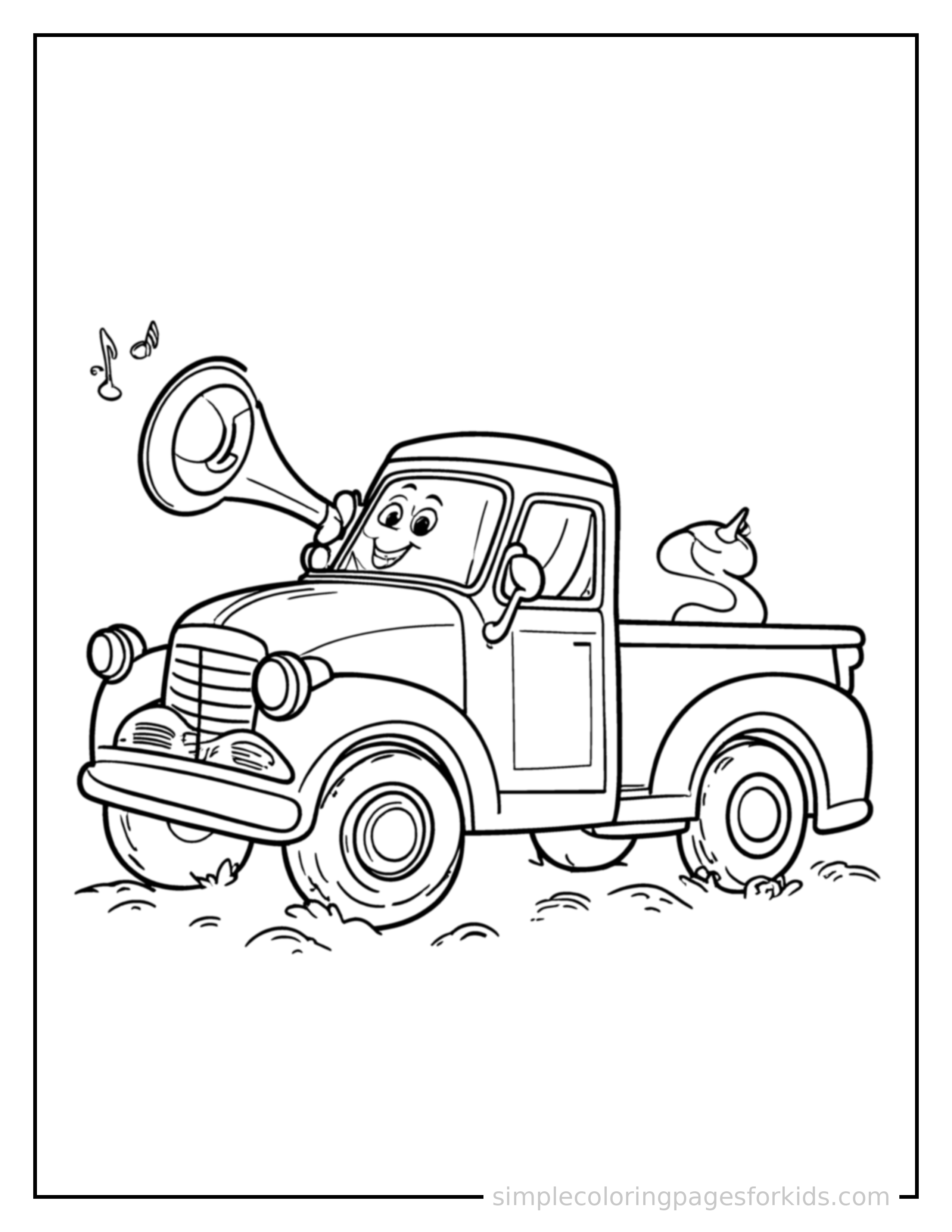 Free printable pickup truck coloring page featuring a cute pickup truck honking its horn with an excited open-mouth grin, small musical notes nearby.
