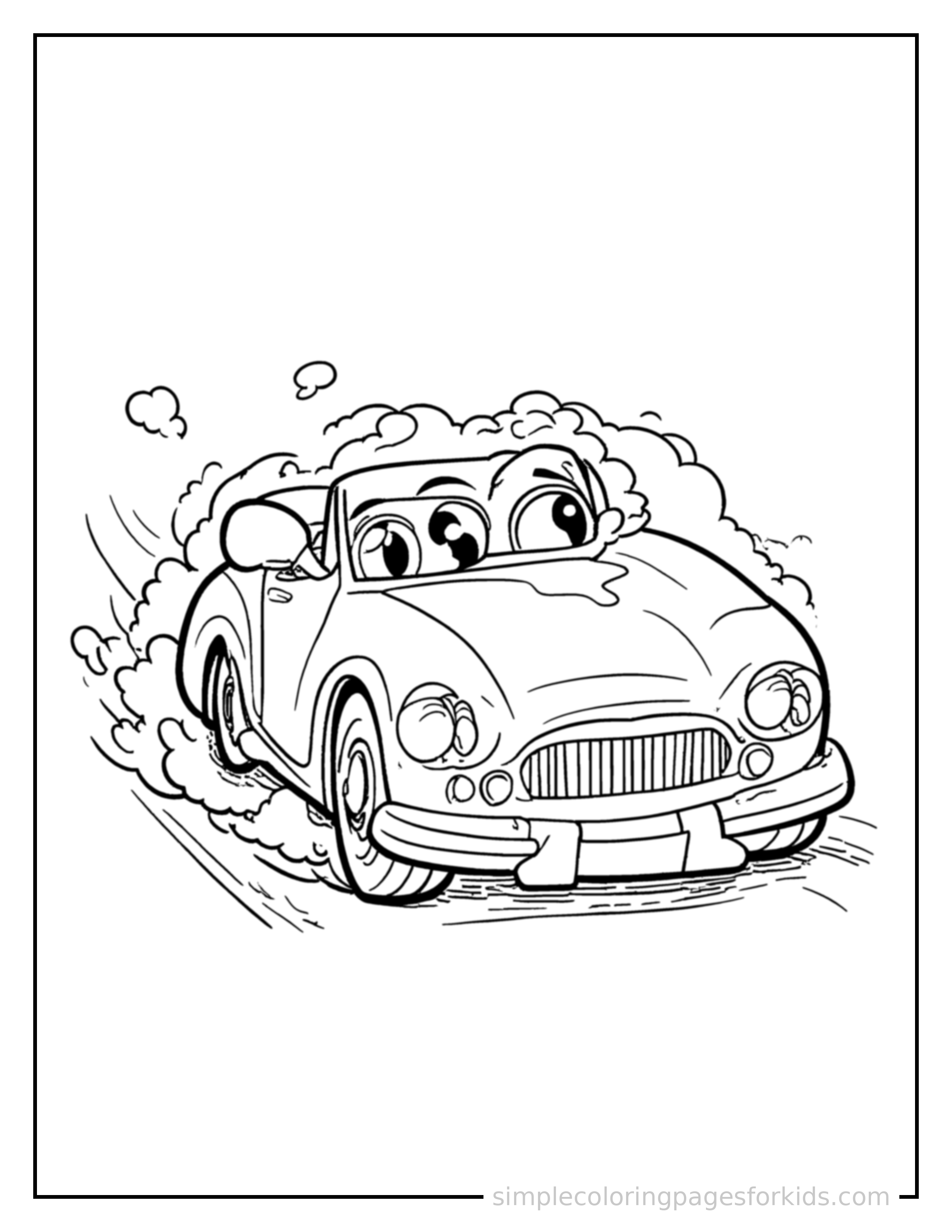 Free printable convertible car coloring page featuring a cute convertible car driving forward fast with a big cheerful headlight-eyes face, motion lines trailing behind.