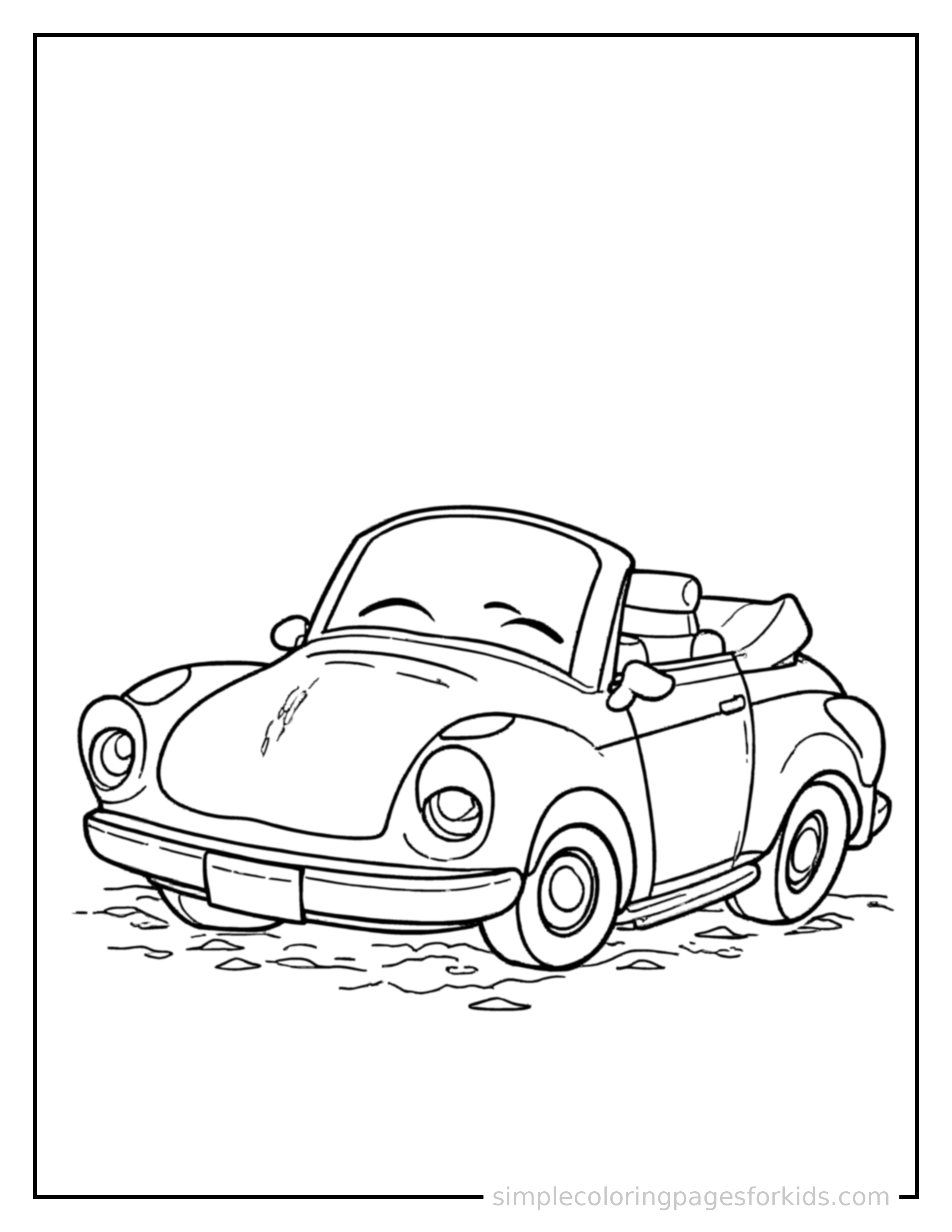 Free printable convertible car coloring page featuring a cute convertible car parked and resting with a sleepy happy expression, one headlight winking.