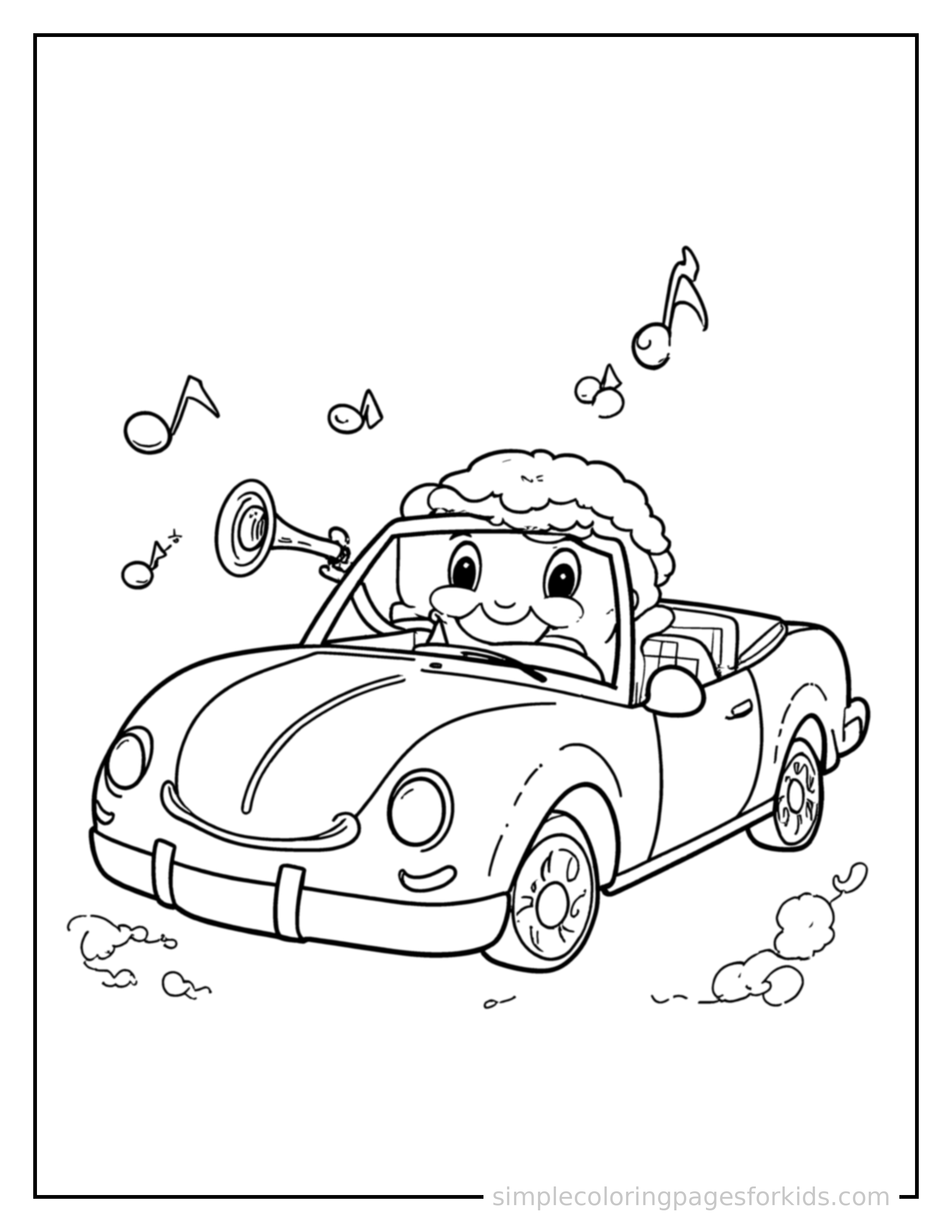 Free printable convertible car coloring page featuring a cute convertible car honking its horn with an excited open-mouth grin, small musical notes nearby.