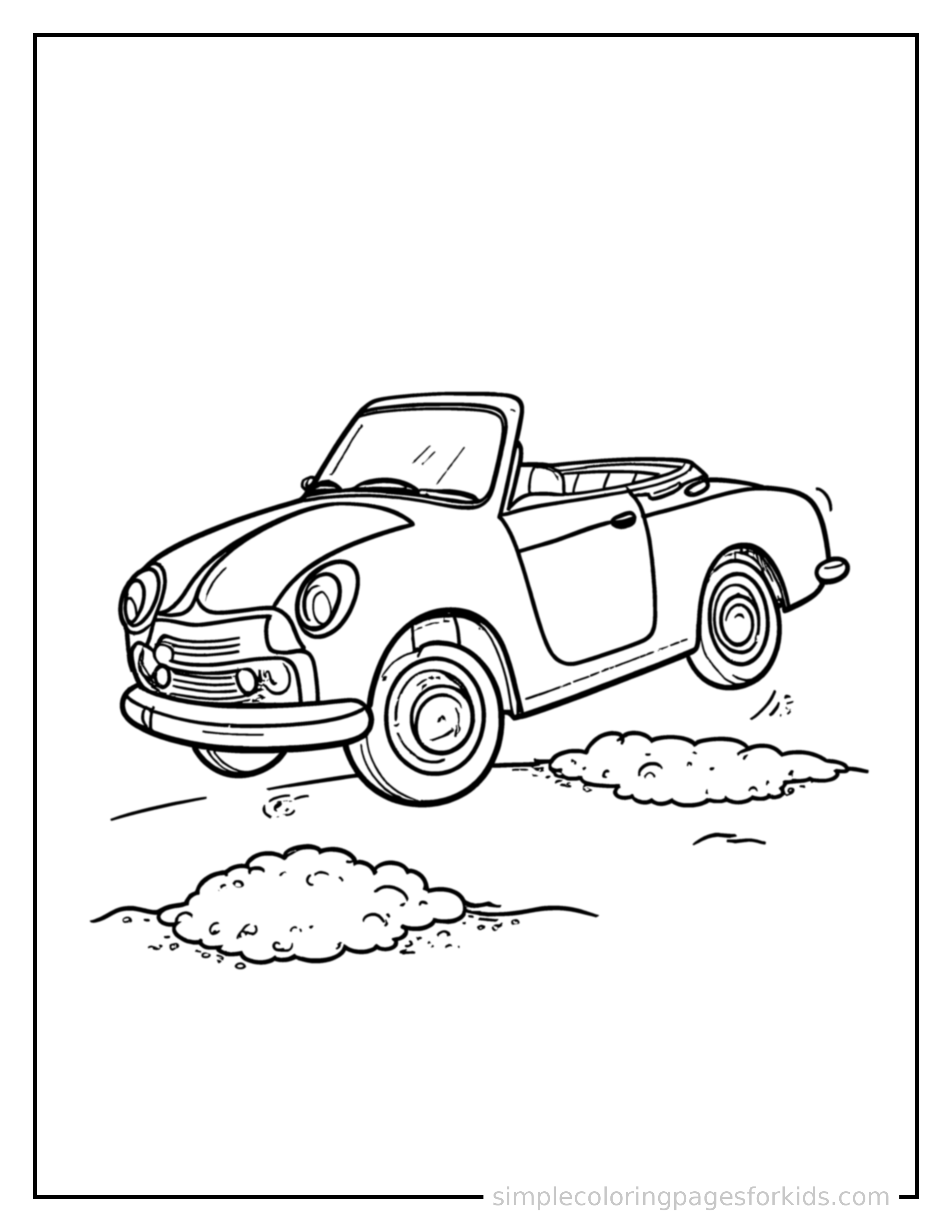 Free printable convertible car coloring page featuring a cute convertible car bouncing over a small bump in the road, joyful expression, wheels off the ground.