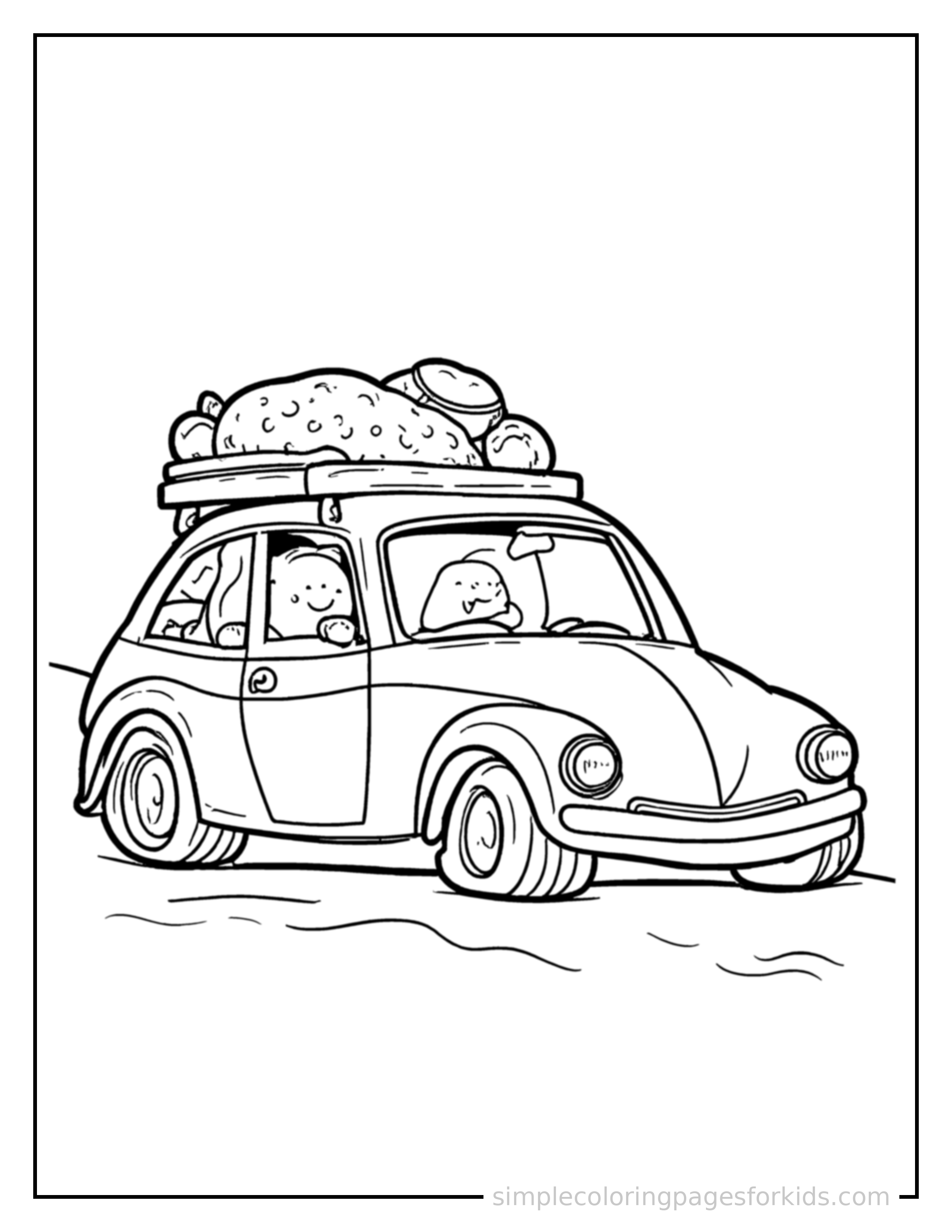 Free printable convertible car coloring page featuring a cute convertible car loaded up with fun cargo, proud big smile, motion lines showing it moving.