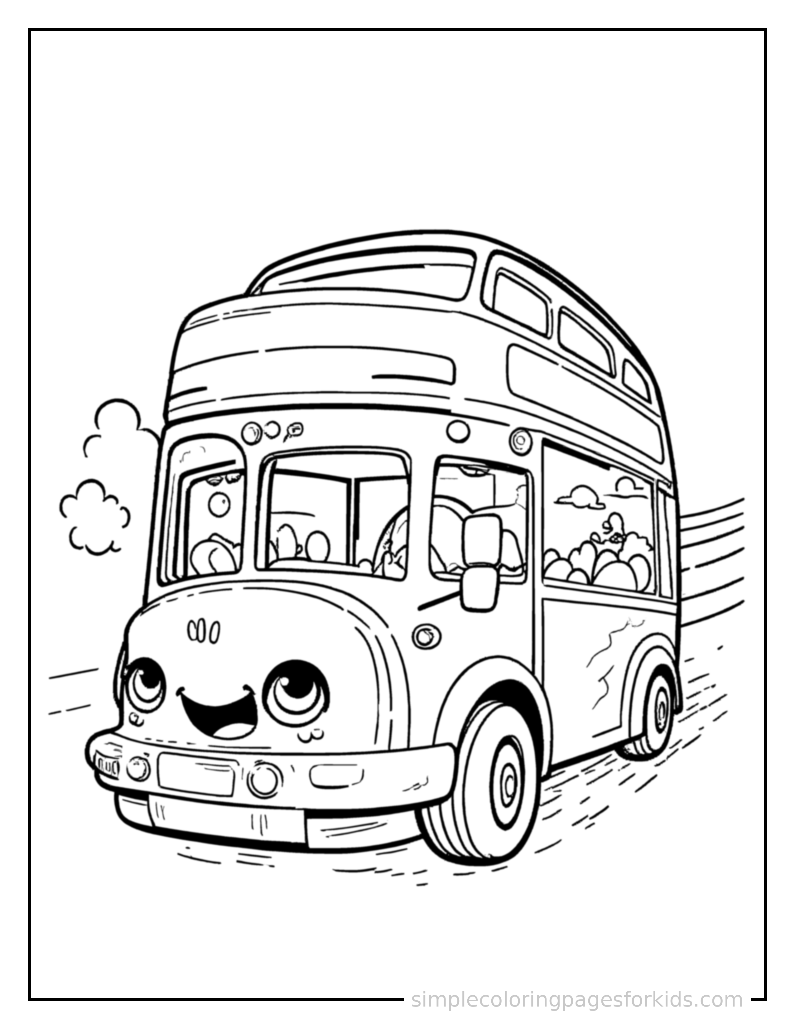 Free printable double decker bus coloring page featuring a cute double decker bus driving forward fast with a big cheerful headlight-eyes face, motion lines trailing behind.