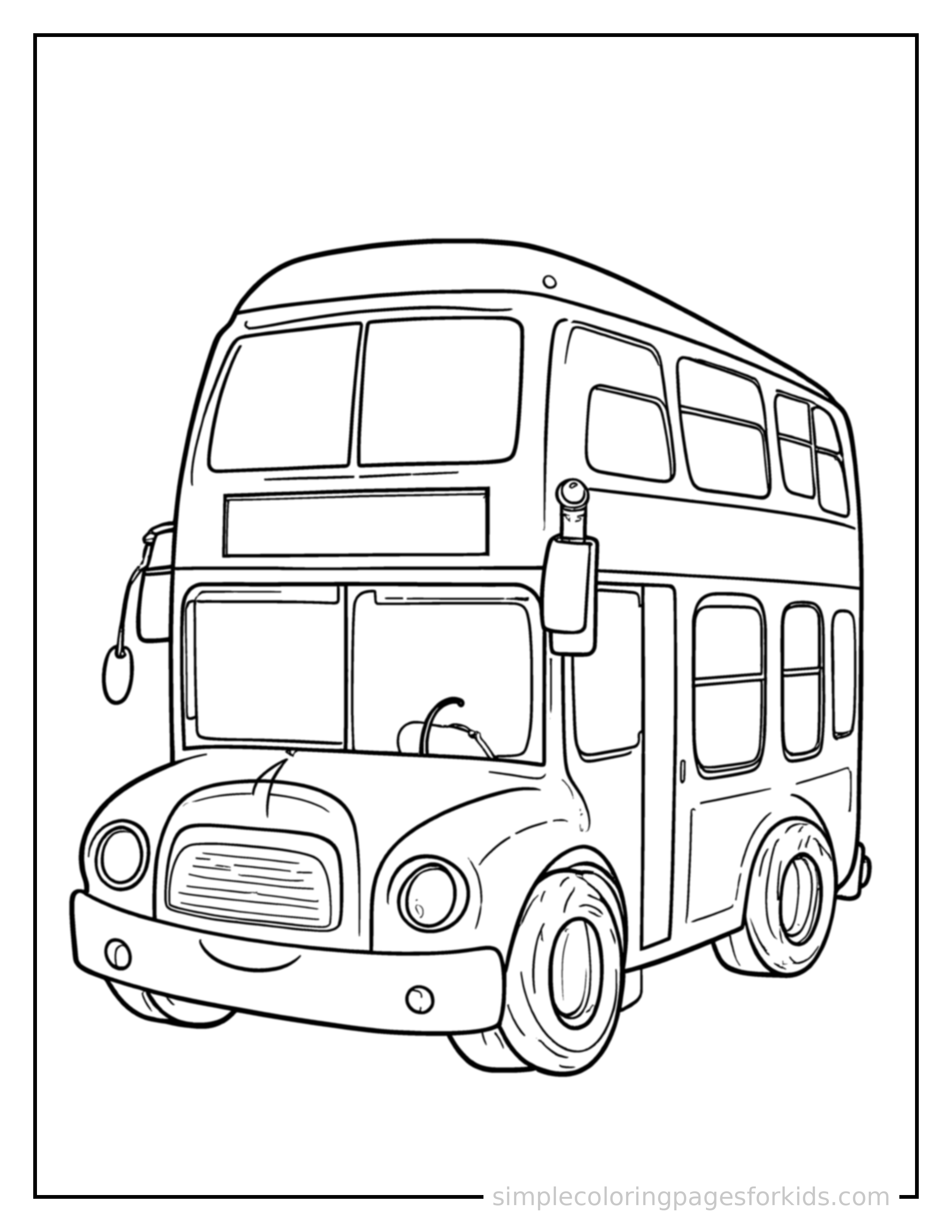 Free printable double decker bus coloring page featuring a cute double decker bus parked and resting with a sleepy happy expression, one headlight winking.