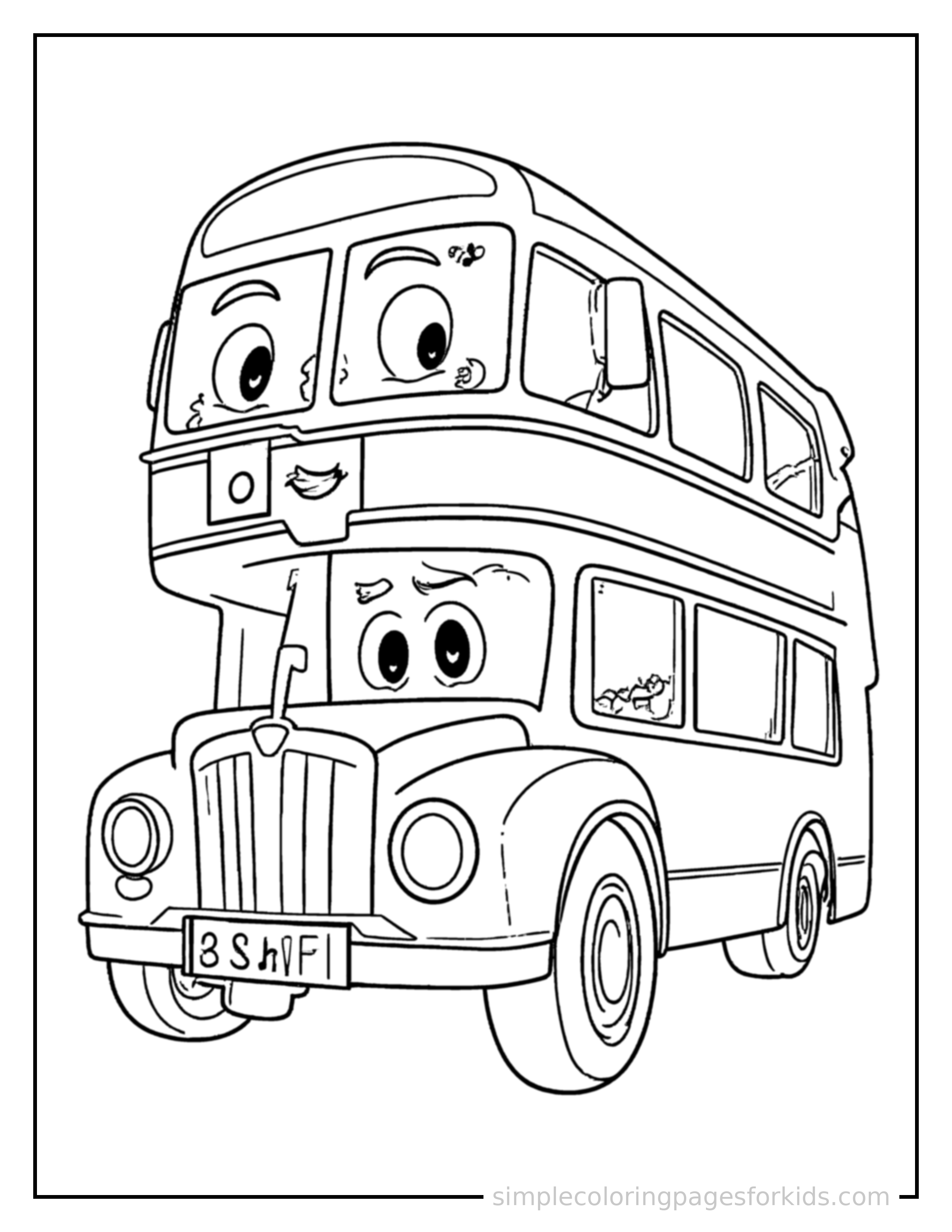 Free printable double decker bus coloring page featuring a cute double decker bus honking its horn with an excited open-mouth grin, small musical notes nearby.