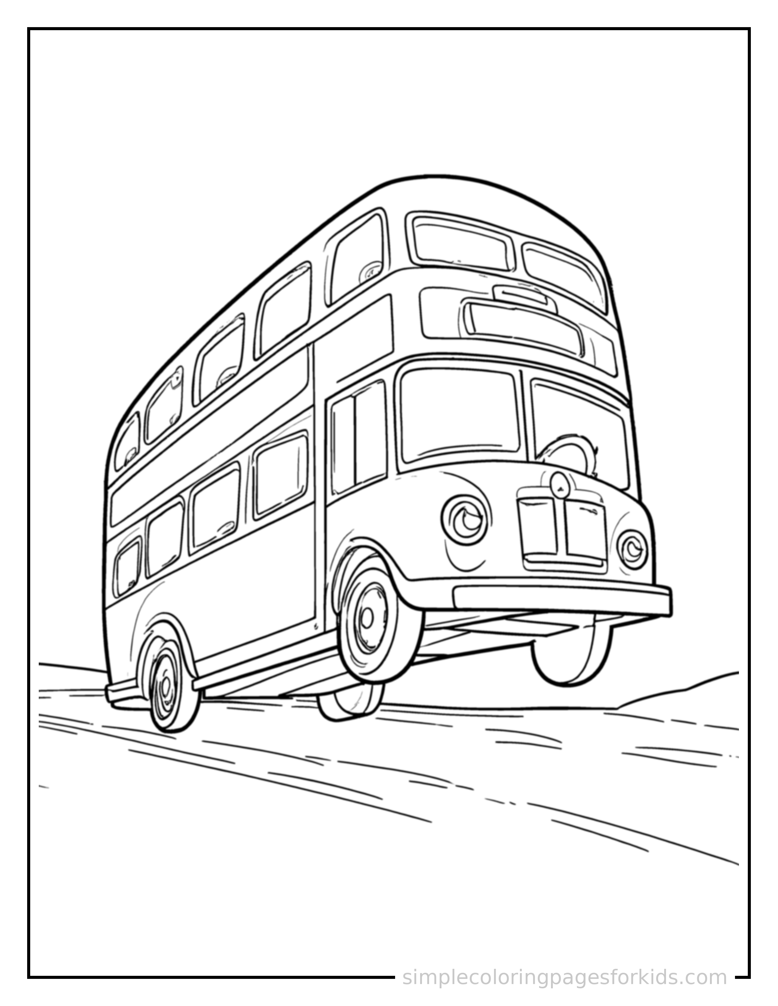 Free printable double decker bus coloring page featuring a cute double decker bus bouncing over a small bump in the road, joyful expression, wheels off the ground.
