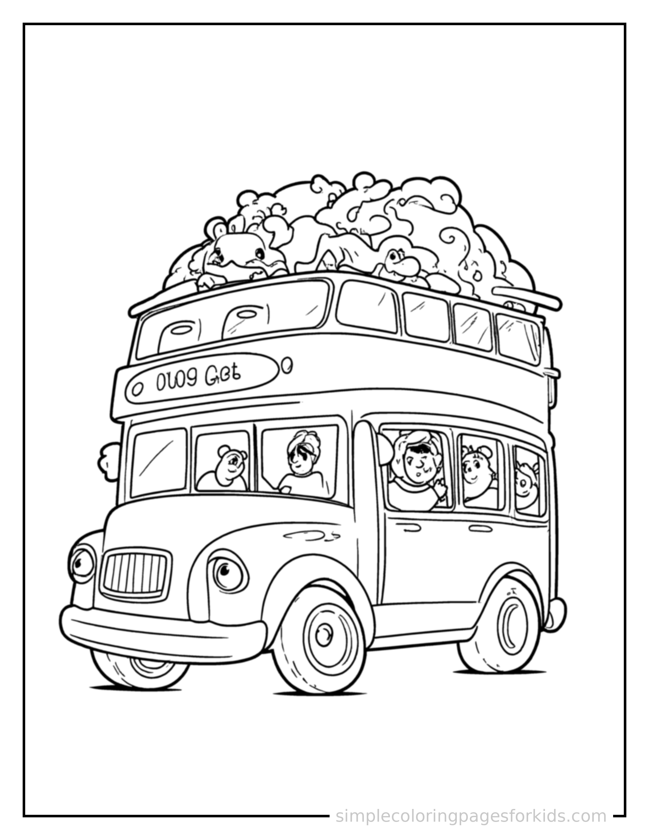 Free printable double decker bus coloring page featuring a cute double decker bus loaded up with fun cargo, proud big smile, motion lines showing it moving.
