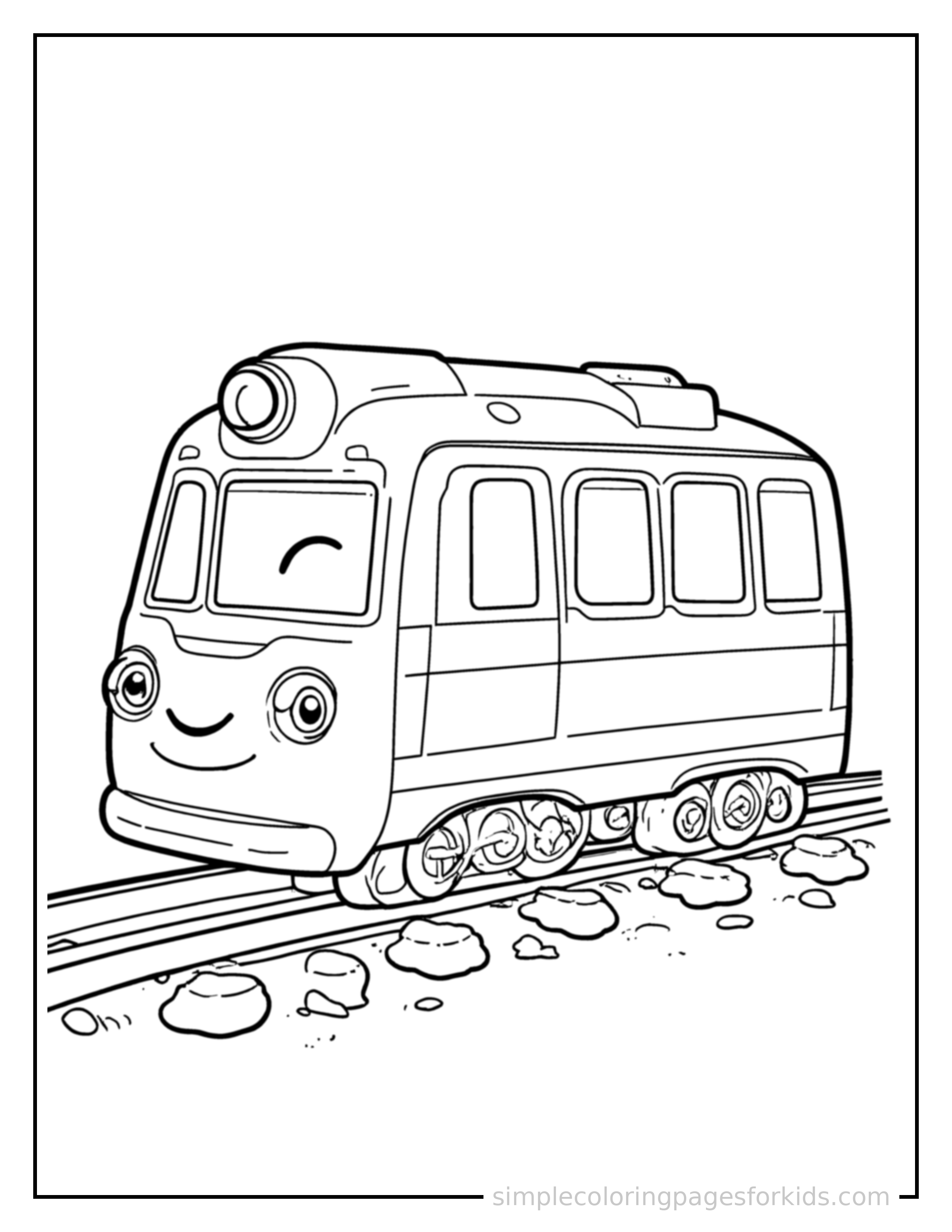Free printable subway train coloring page featuring a cute subway train parked and resting with a sleepy happy expression, one headlight winking.