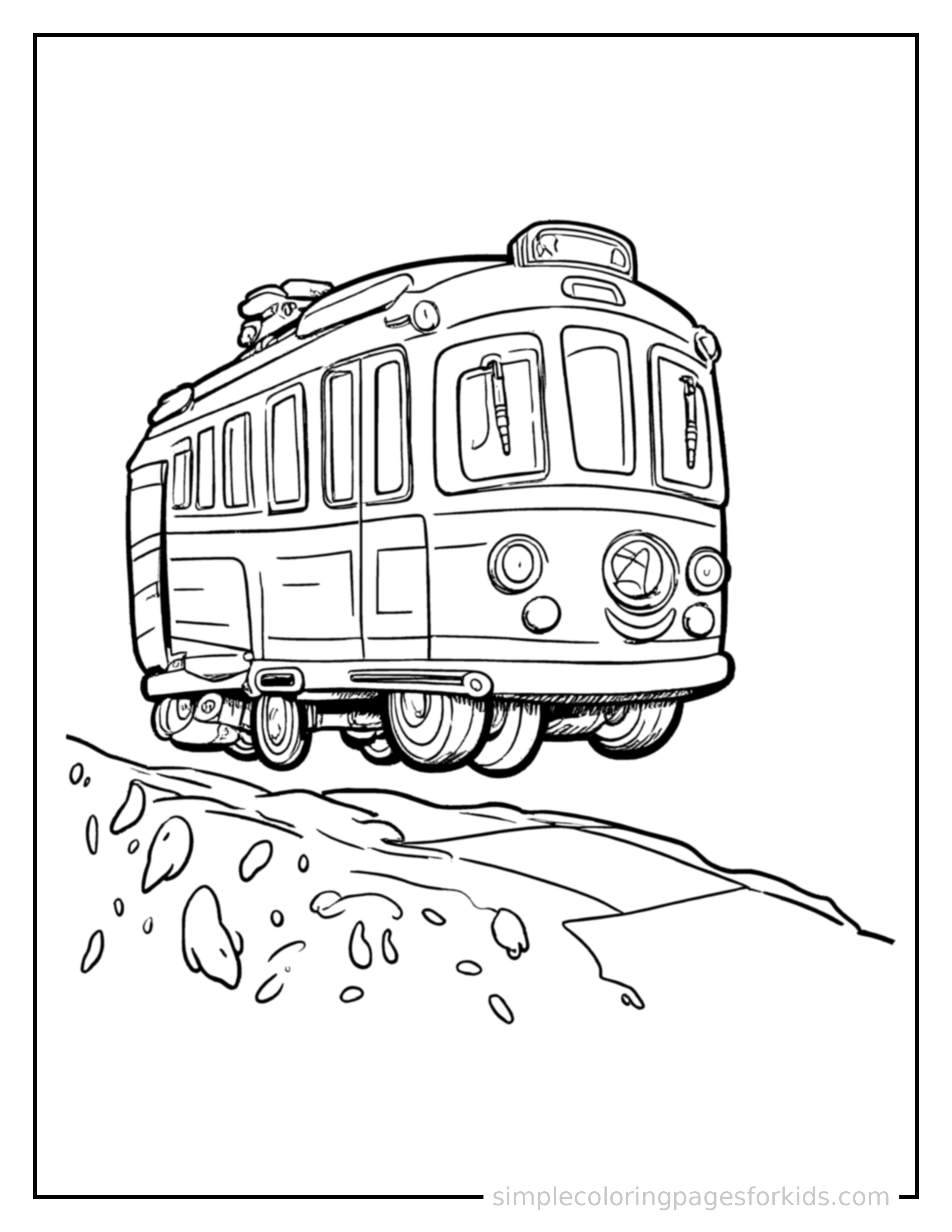 Free printable subway train coloring page featuring a cute subway train bouncing over a small bump in the road, joyful expression, wheels off the ground.