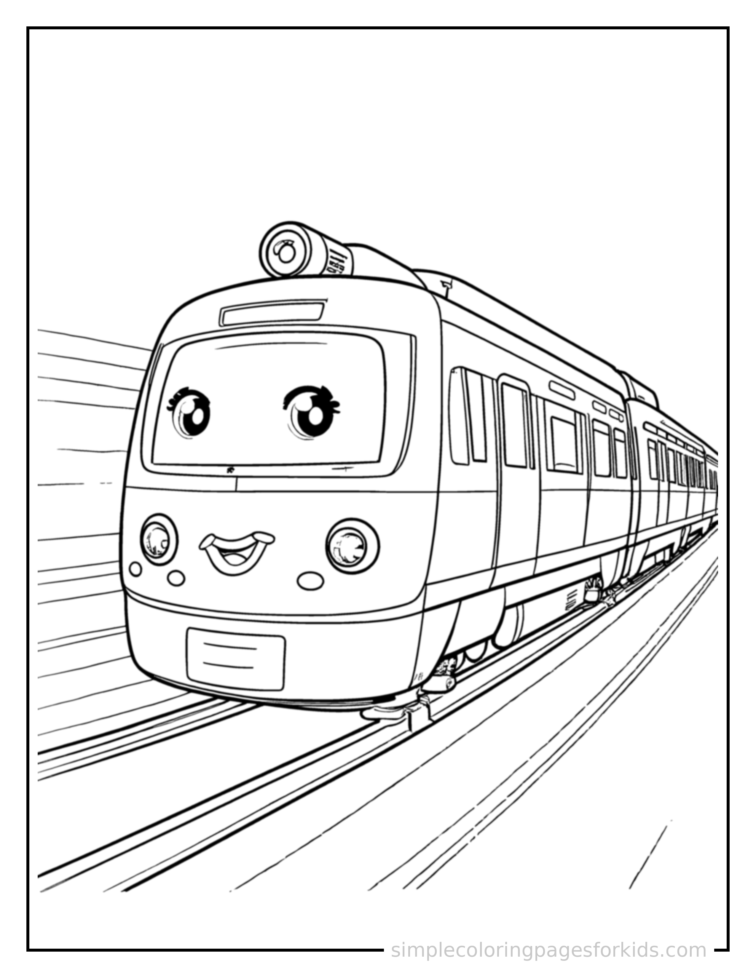 Free printable monorail train coloring page featuring a cute monorail train driving forward fast with a big cheerful headlight-eyes face, motion lines trailing behind.