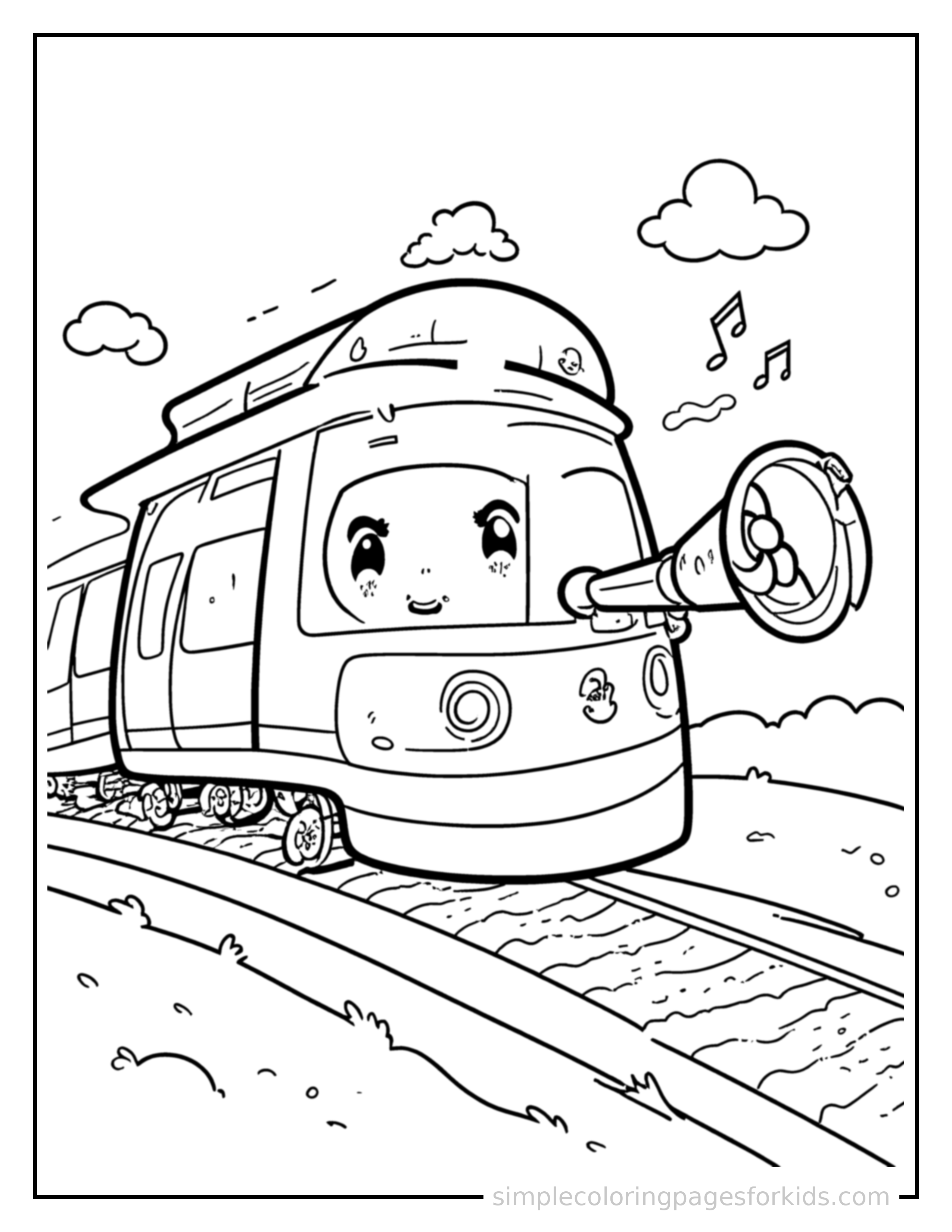 Free printable monorail train coloring page featuring a cute monorail train honking its horn with an excited open-mouth grin, small musical notes nearby.