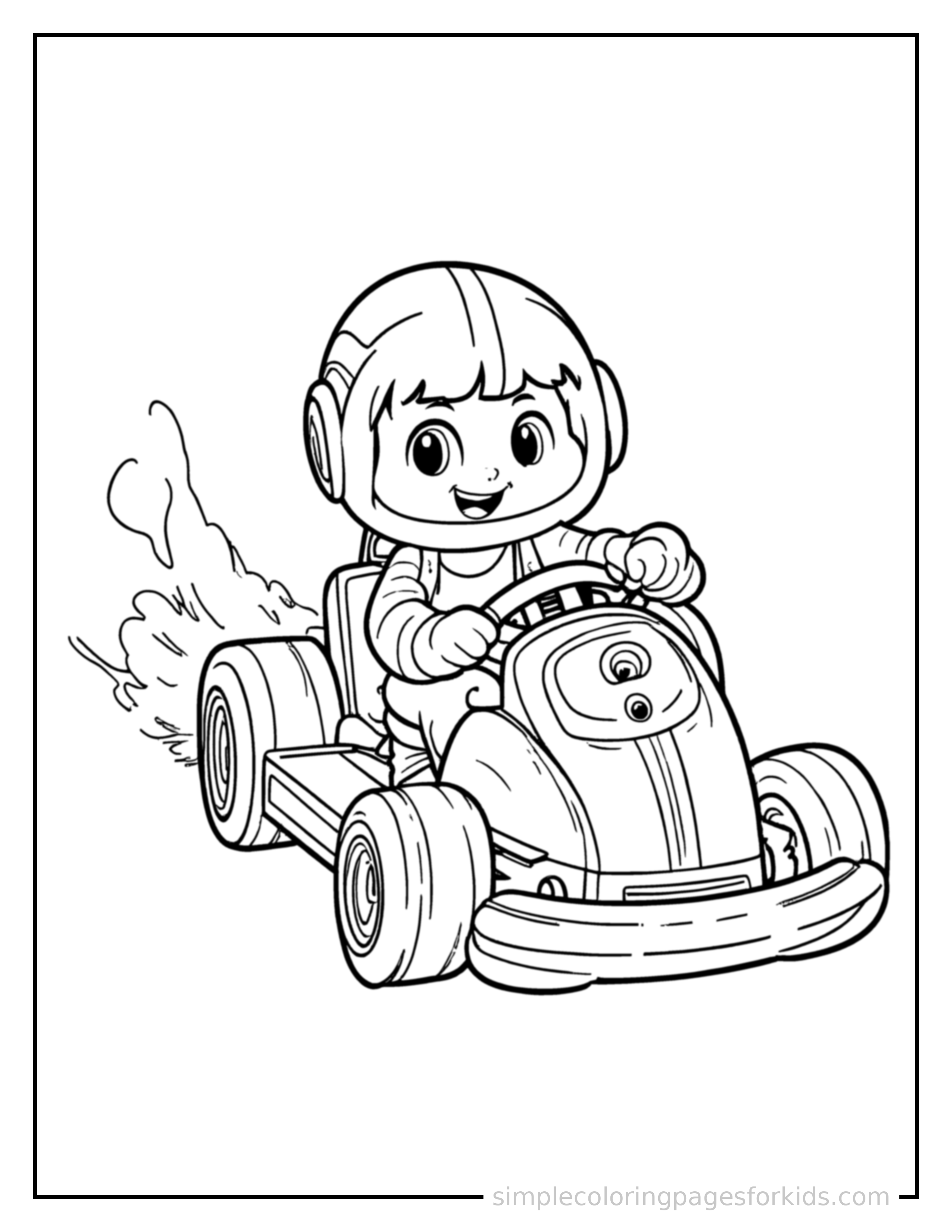 Free printable go-kart coloring page featuring a cute go-kart driving forward fast with a big cheerful headlight-eyes face, motion lines trailing behind.