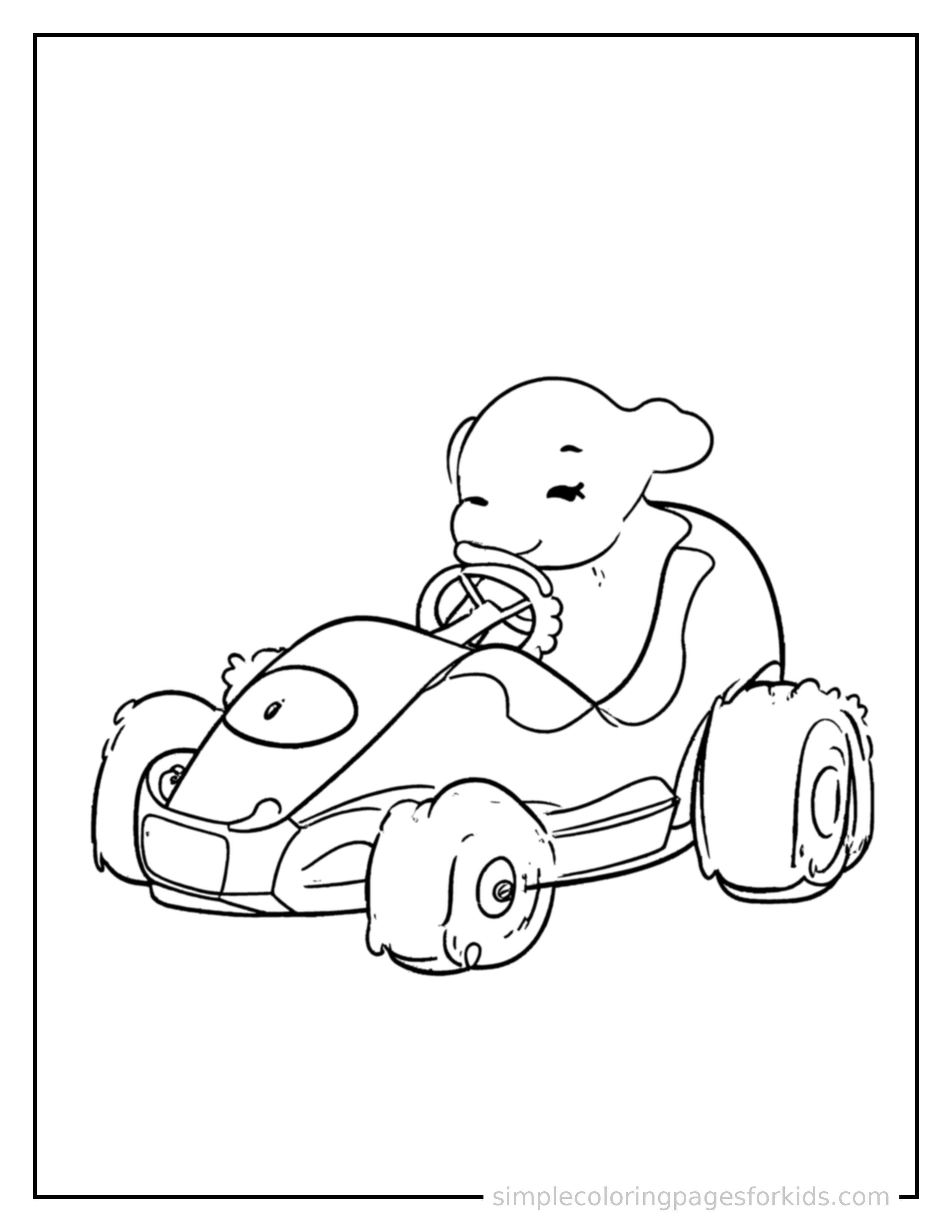 Free printable go-kart coloring page featuring a cute go-kart parked and resting with a sleepy happy expression, one headlight winking.