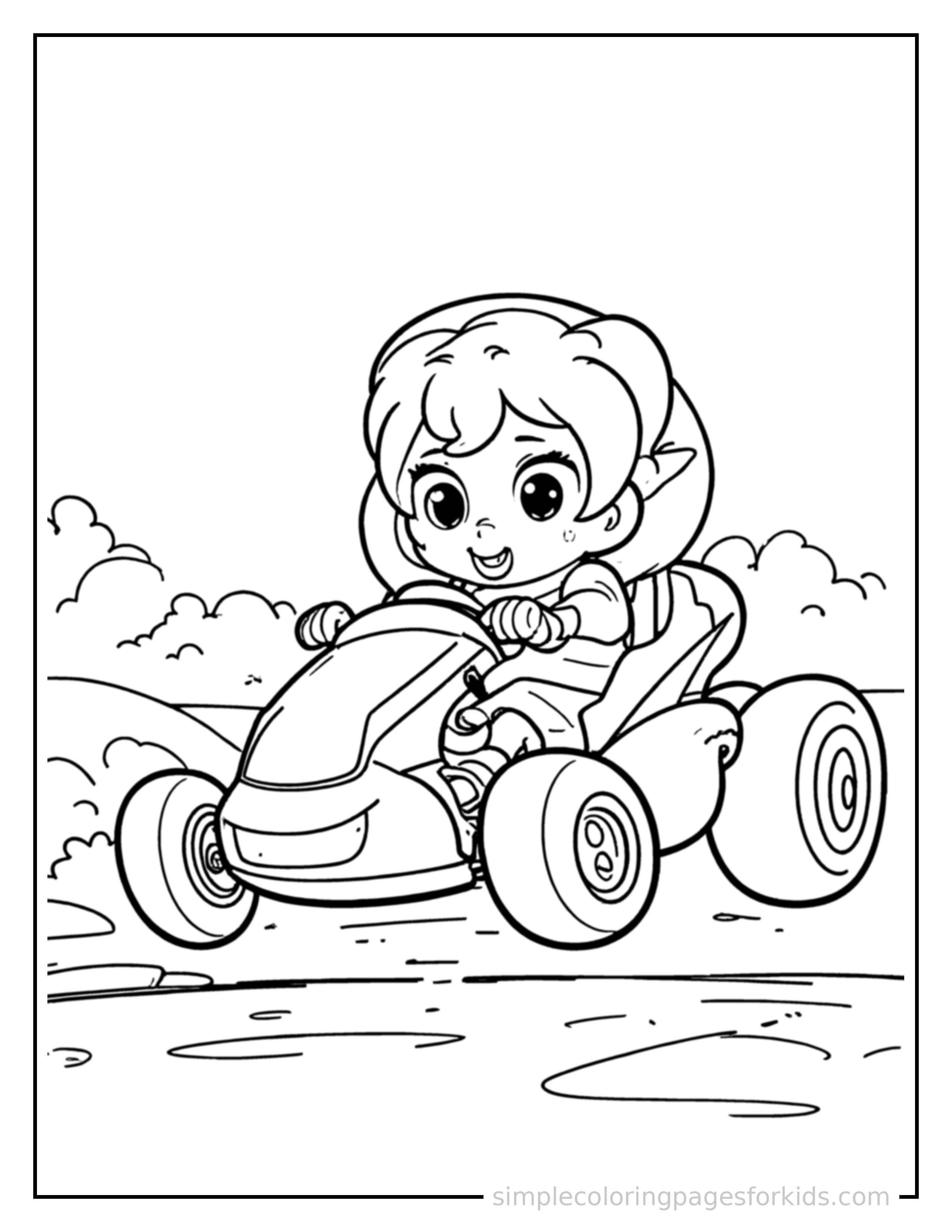 Free printable go-kart coloring page featuring a cute go-kart bouncing over a small bump in the road, joyful expression, wheels off the ground.