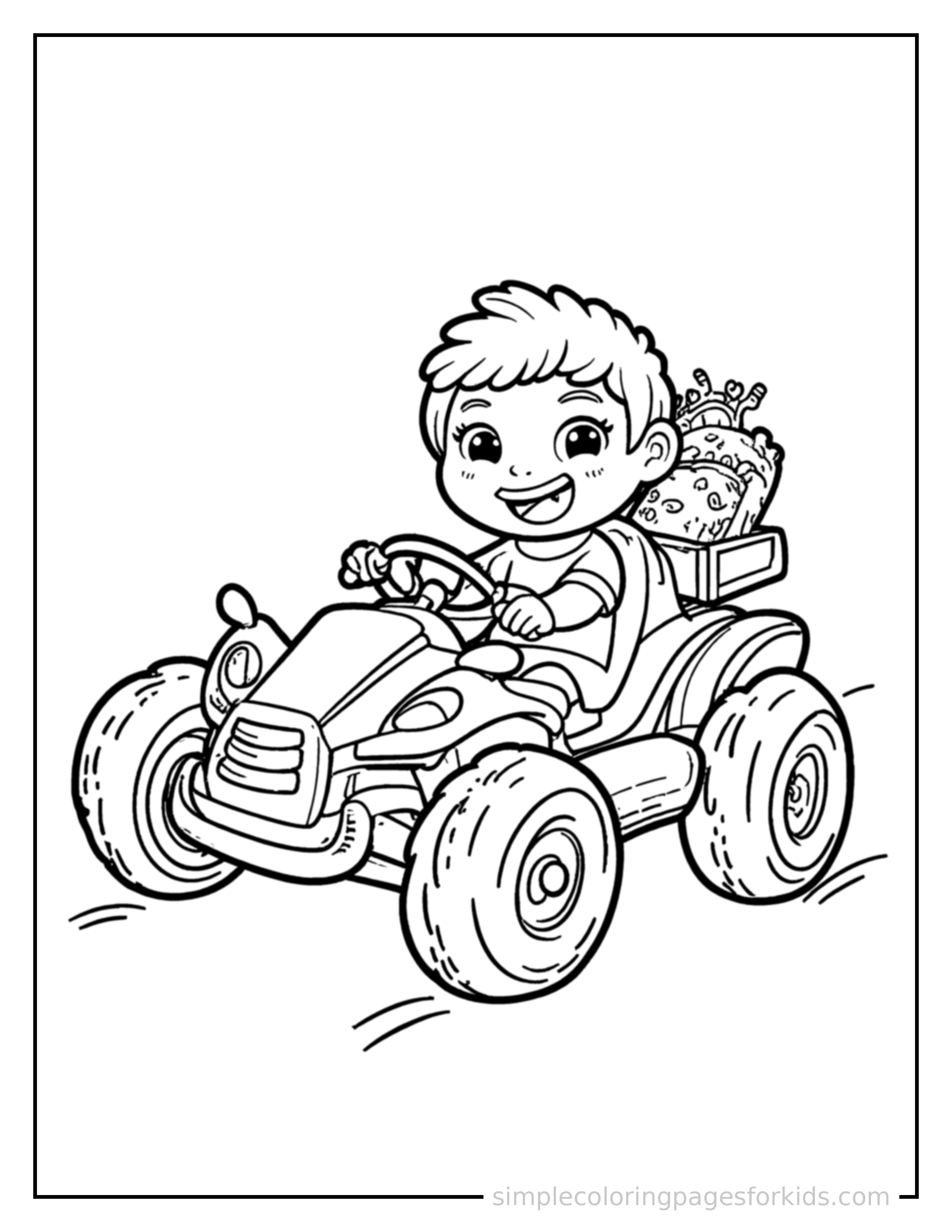 Free printable go-kart coloring page featuring a cute go-kart loaded up with fun cargo, proud big smile, motion lines showing it moving.