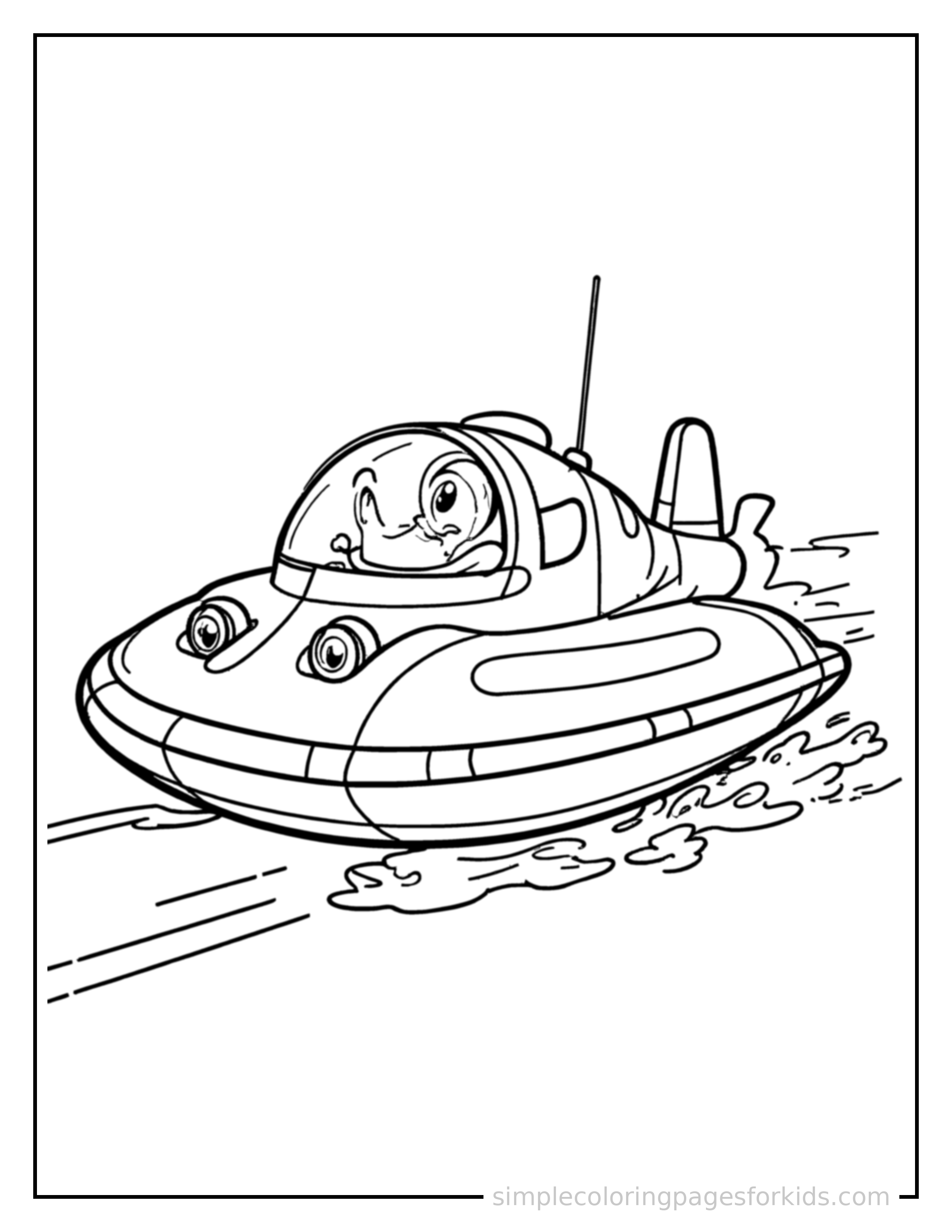 Free printable hovercraft coloring page featuring a cute hovercraft driving forward fast with a big cheerful headlight-eyes face, motion lines trailing behind.