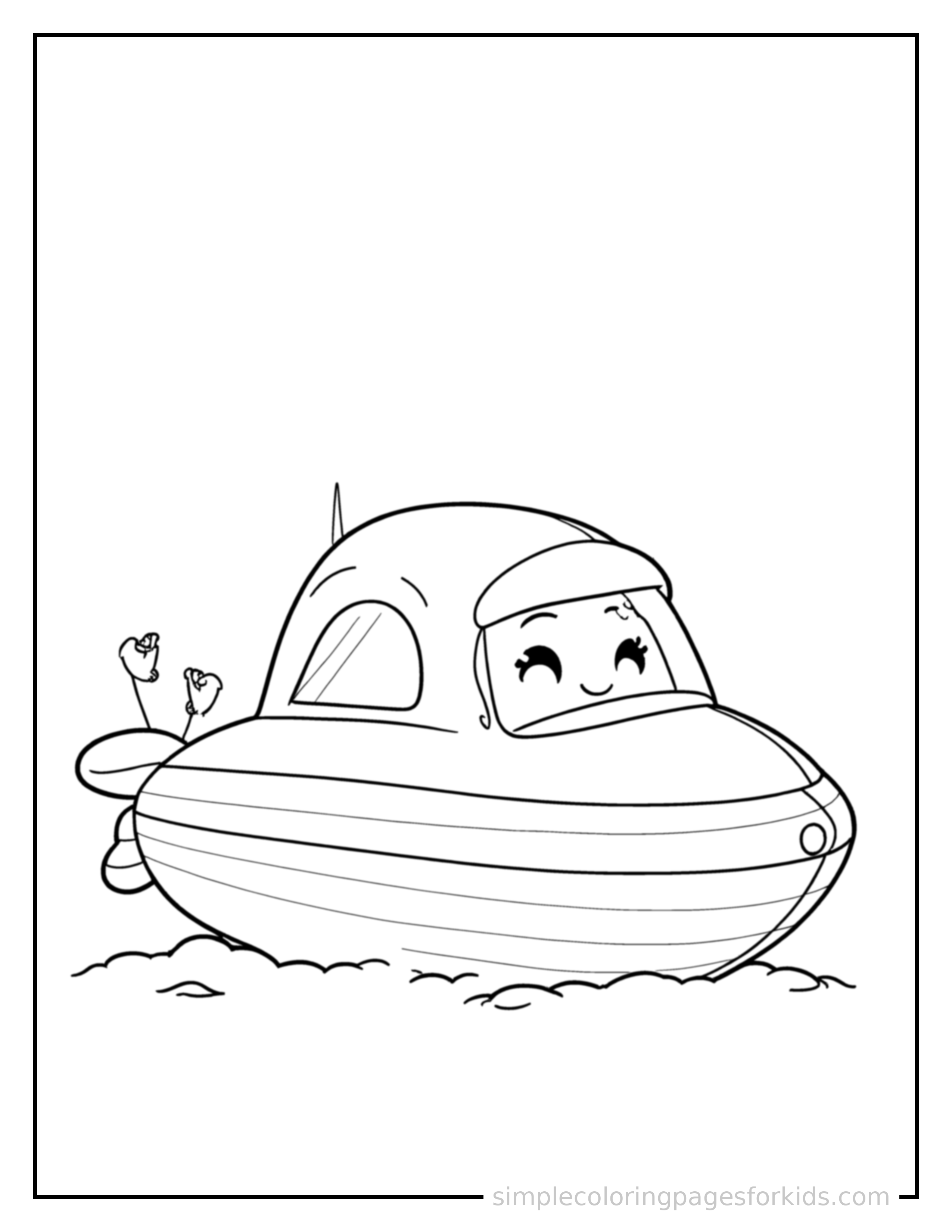 Free printable hovercraft coloring page featuring a cute hovercraft parked and resting with a sleepy happy expression, one headlight winking.
