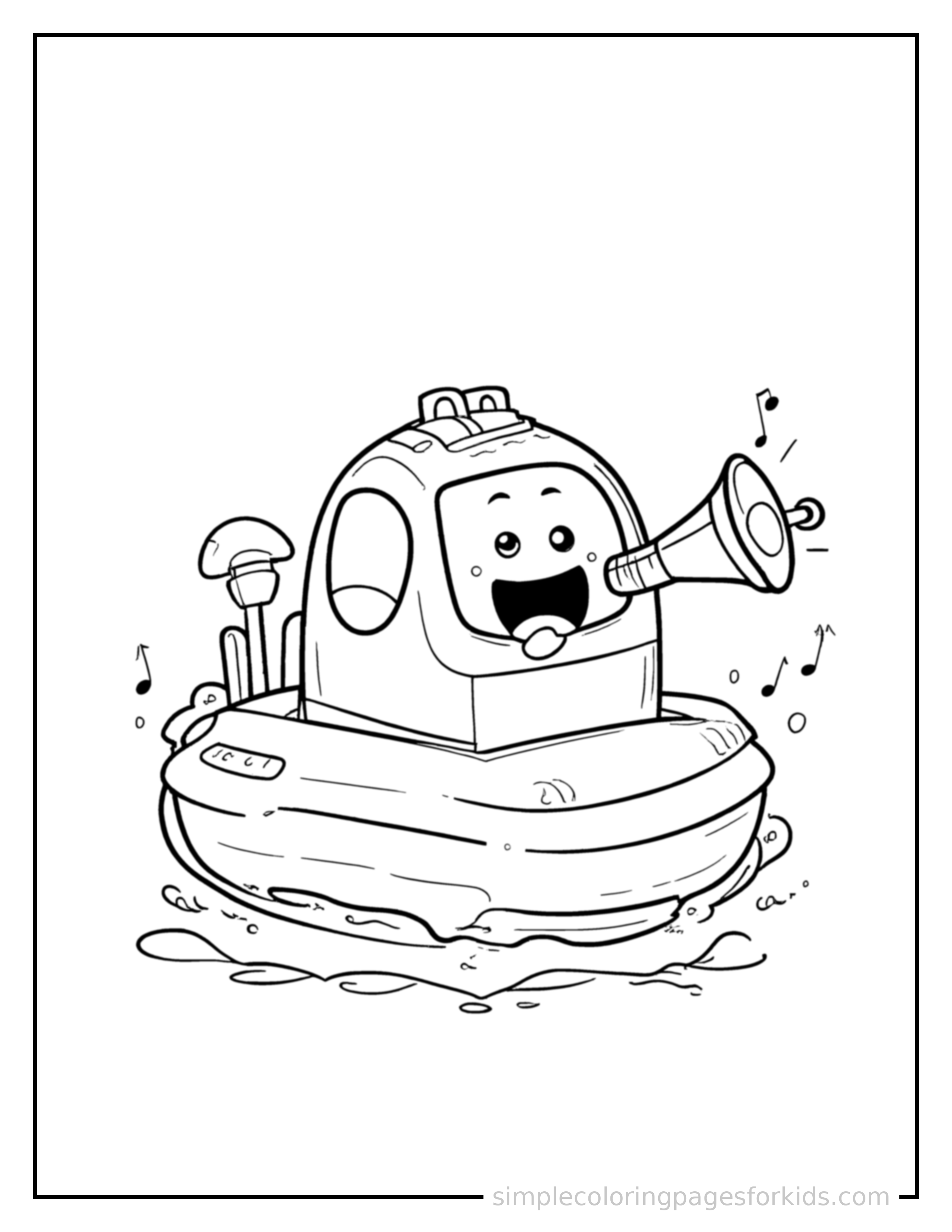 Free printable hovercraft coloring page featuring a cute hovercraft honking its horn with an excited open-mouth grin, small musical notes nearby.