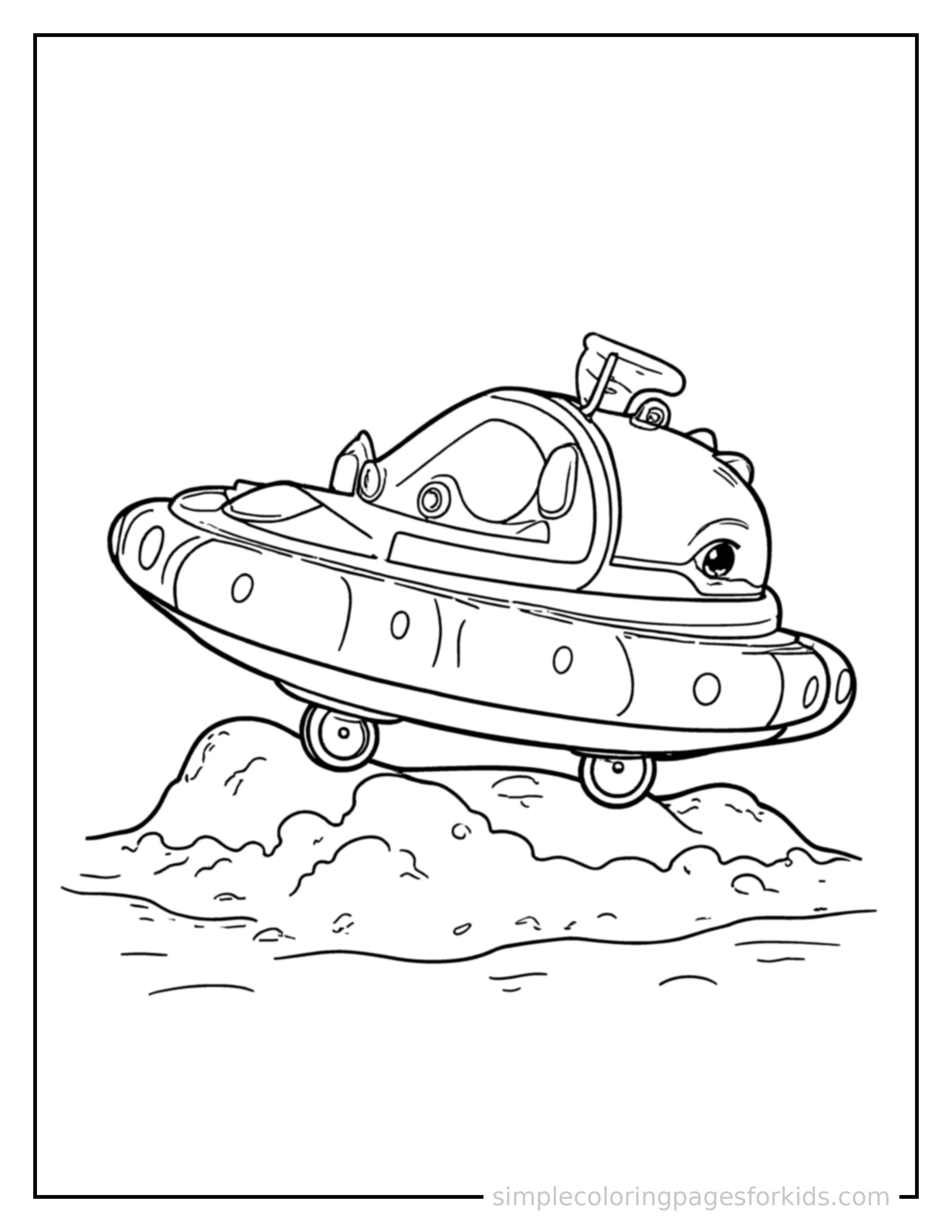 Free printable hovercraft coloring page featuring a cute hovercraft bouncing over a small bump in the road, joyful expression, wheels off the ground.