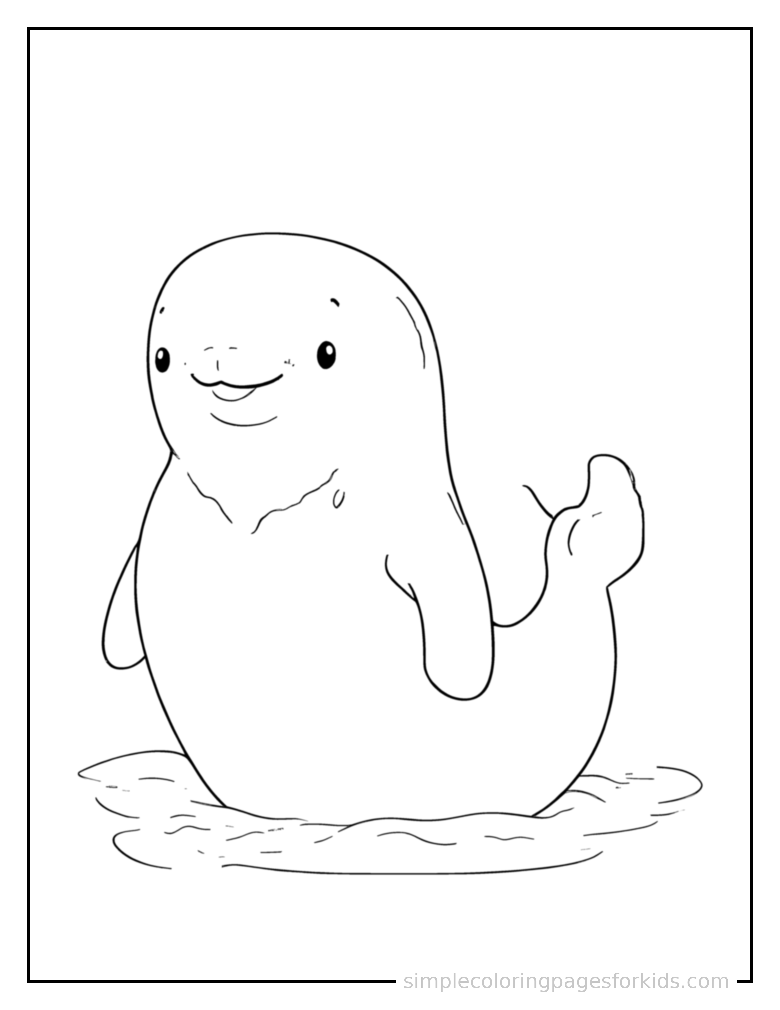 Free printable whale coloring page featuring a cute whale sitting up tall with a big cheerful grin, head tilted slightly, one paw raised in a wave.