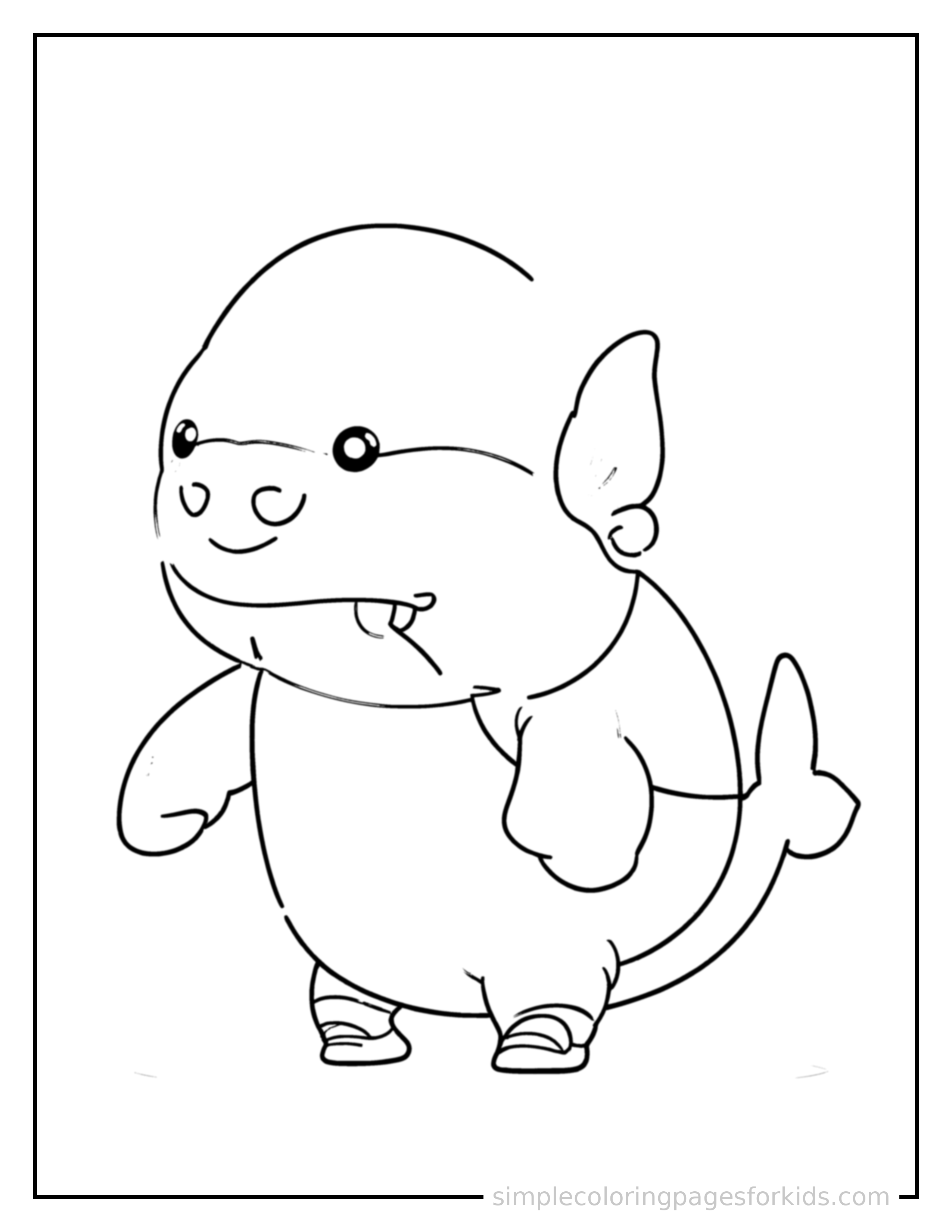 Free printable whale coloring page featuring a cute whale standing proudly on all fours, chest puffed out, big sparkling happy eyes, mouth open in a joyful smile.