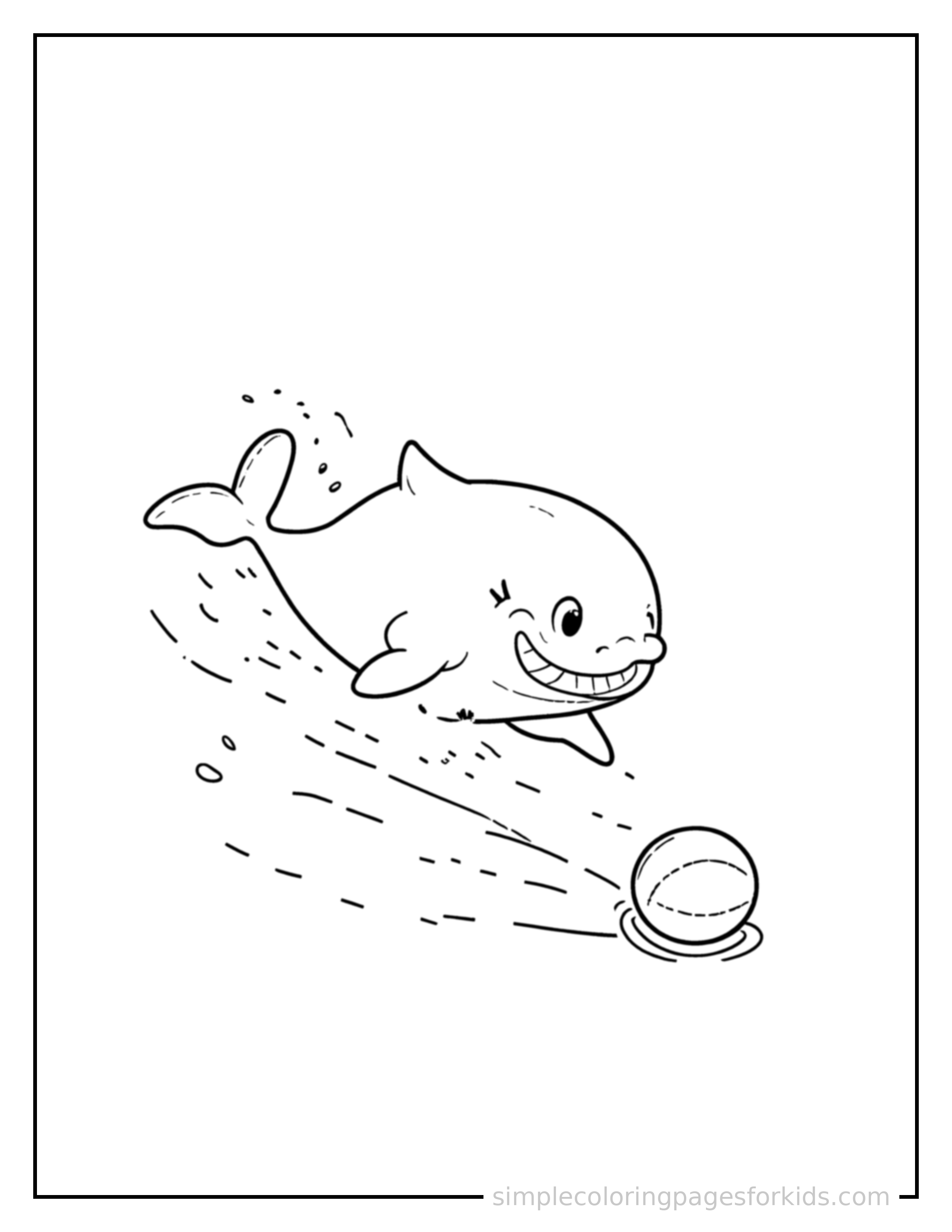 Free printable whale coloring page featuring a cute whale mid-bounce chasing a round ball, front paws stretched forward, mouth open with excitement, ears flopping.