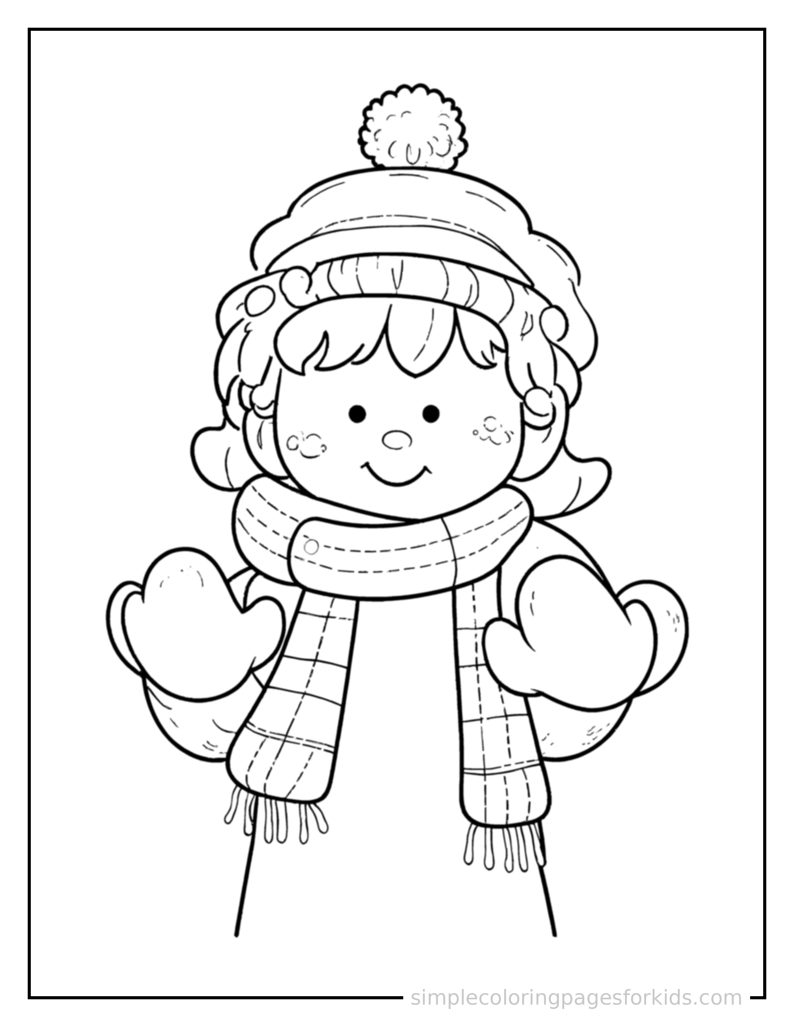 Free printable winter coloring page featuring a cozy mitten and scarf pair.