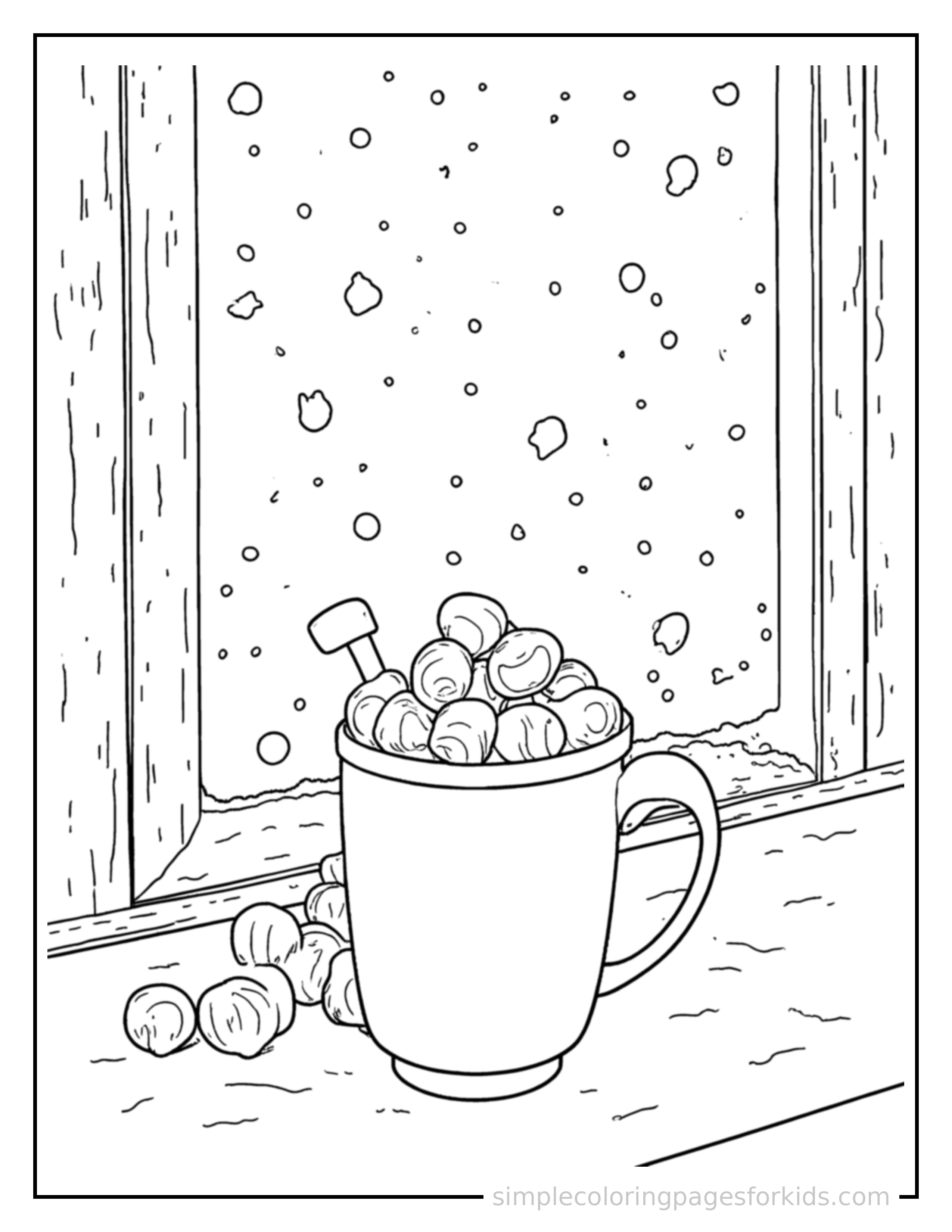Free printable winter coloring page featuring a mug of hot cocoa with marshmallows by a frosty window.