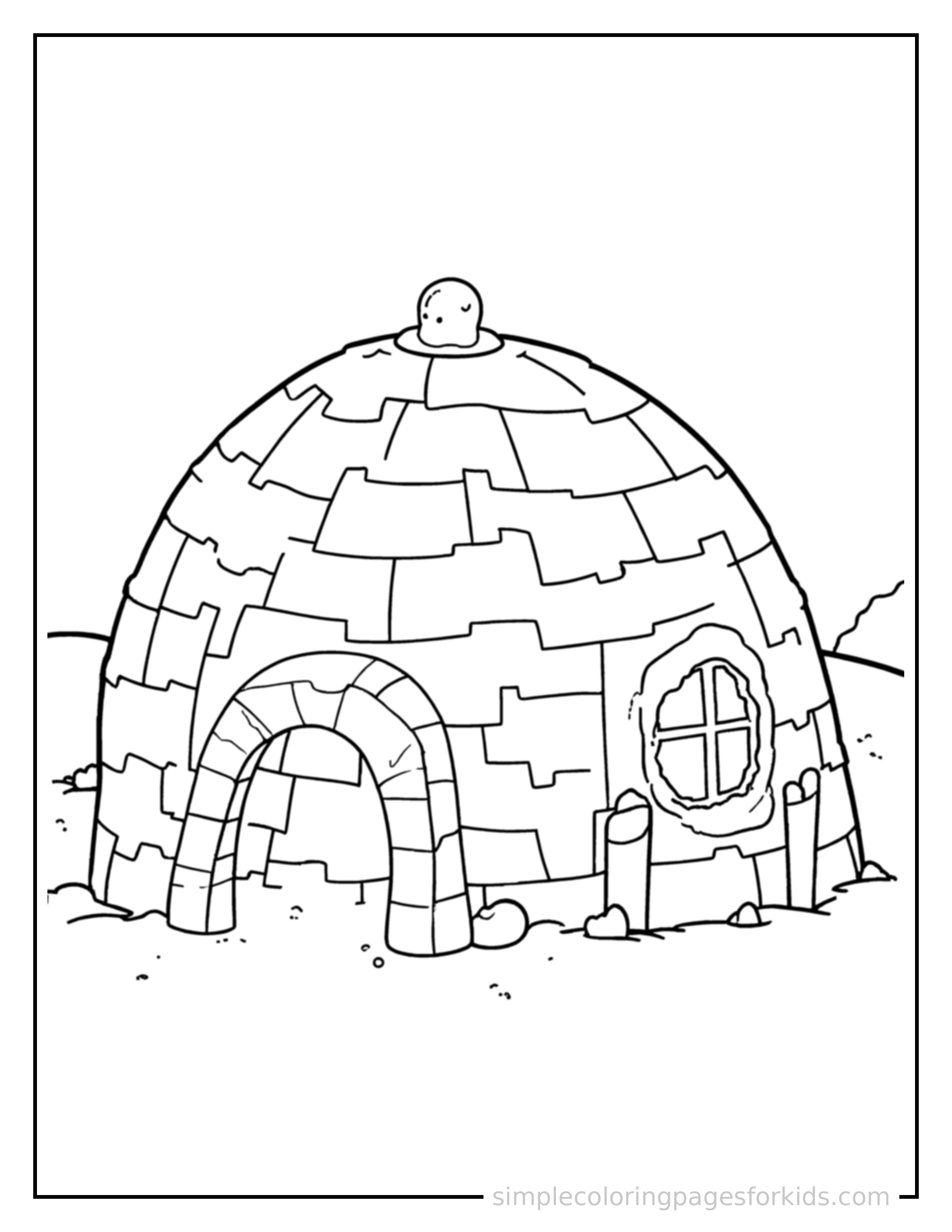Free printable winter coloring page featuring a rounded igloo in the snow.