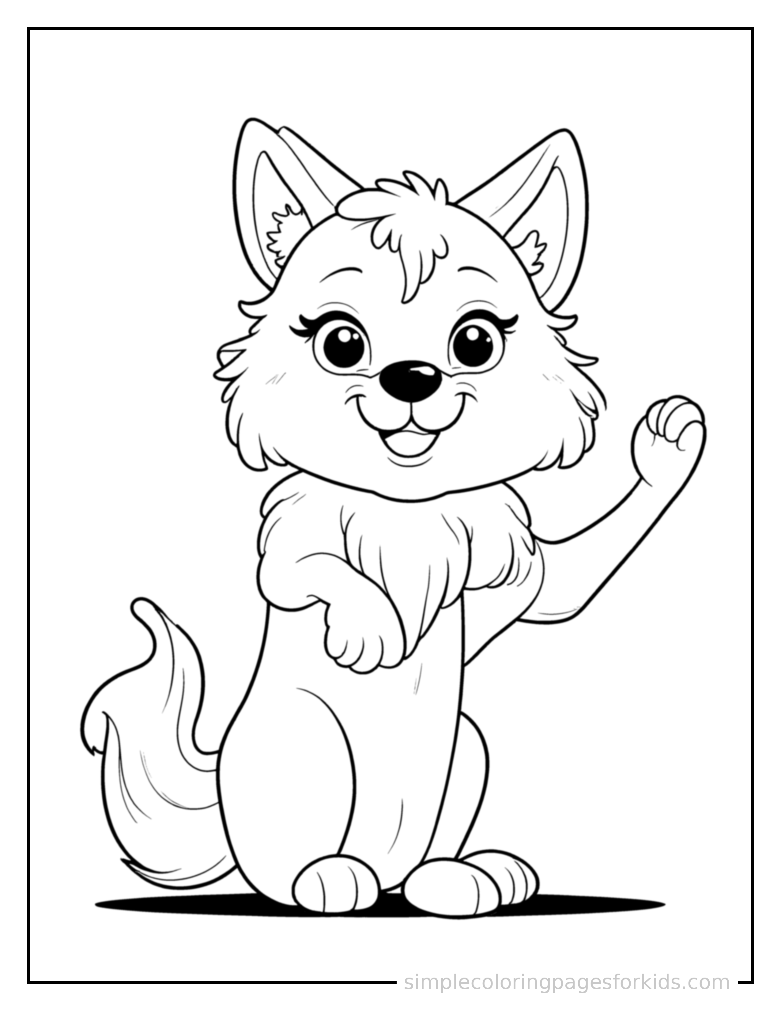 Free printable wolf coloring page featuring a cute wolf sitting up tall with a big cheerful grin, head tilted slightly, one paw raised in a wave.