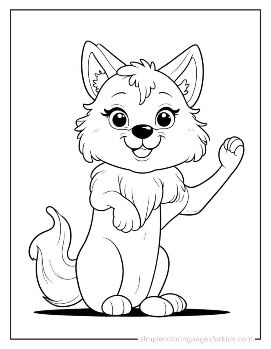 Free printable wolf coloring page featuring a cute wolf sitting up tall with a big cheerful grin, head tilted slightly, one paw raised in a wave.