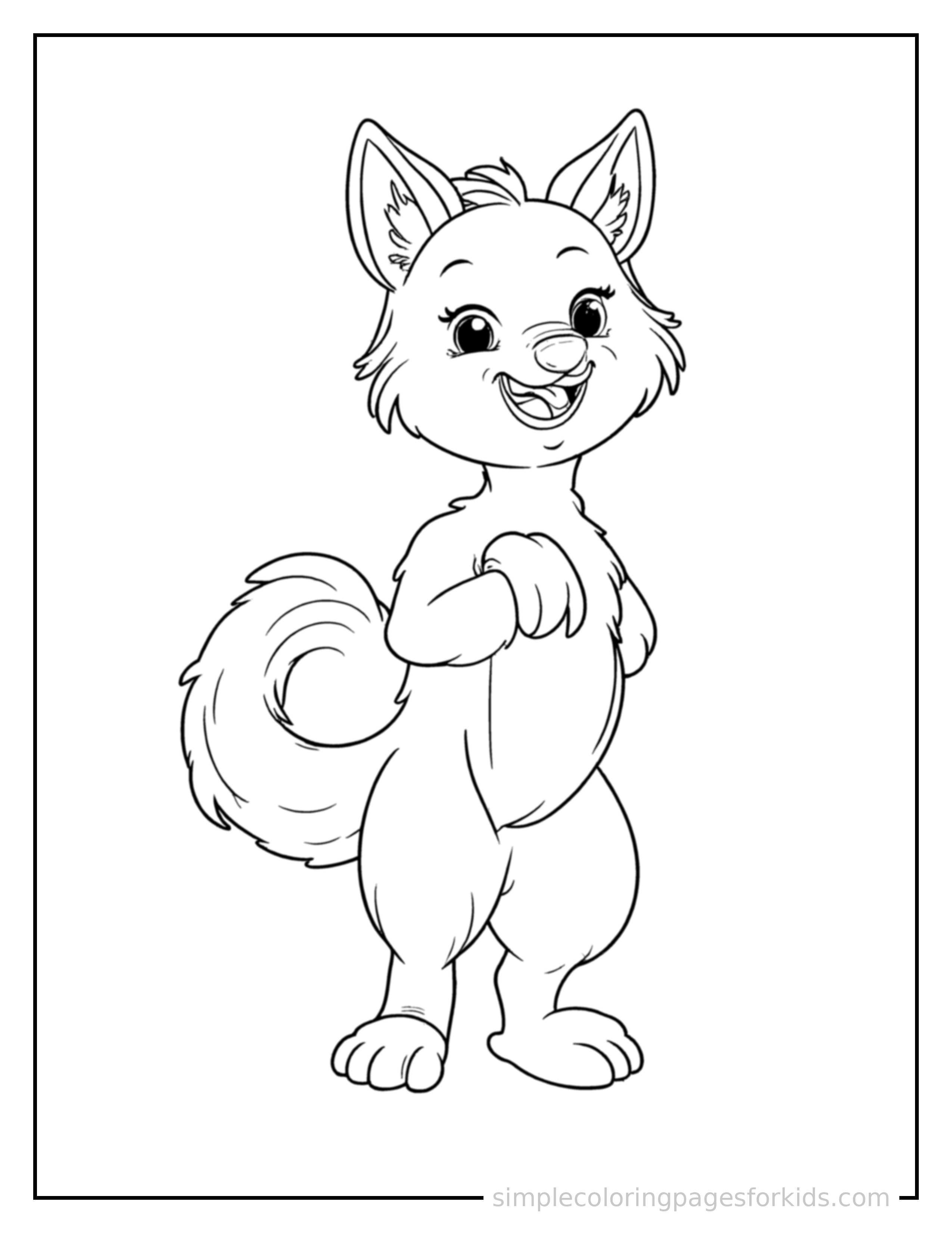 Free printable wolf coloring page featuring a cute wolf standing proudly on all fours, chest puffed out, big sparkling happy eyes, mouth open in a joyful smile.