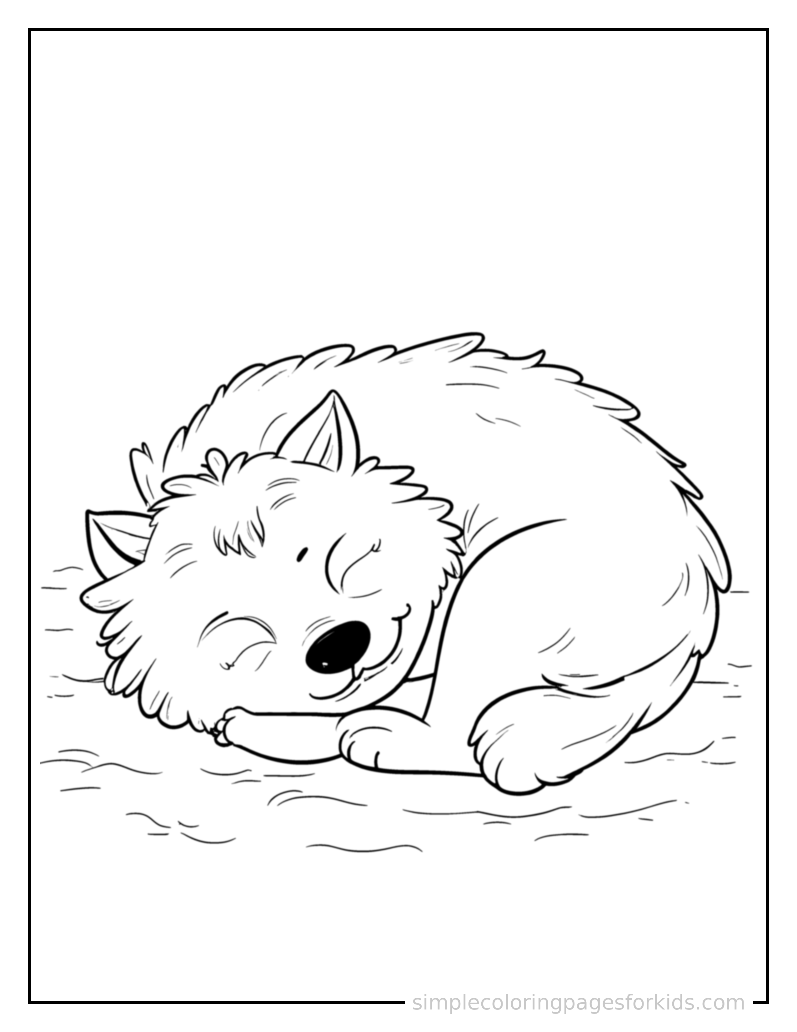 Free printable wolf coloring page featuring a cute wolf curled up fast asleep, peaceful smile, one eye scrunched shut, paws tucked under its chin.
