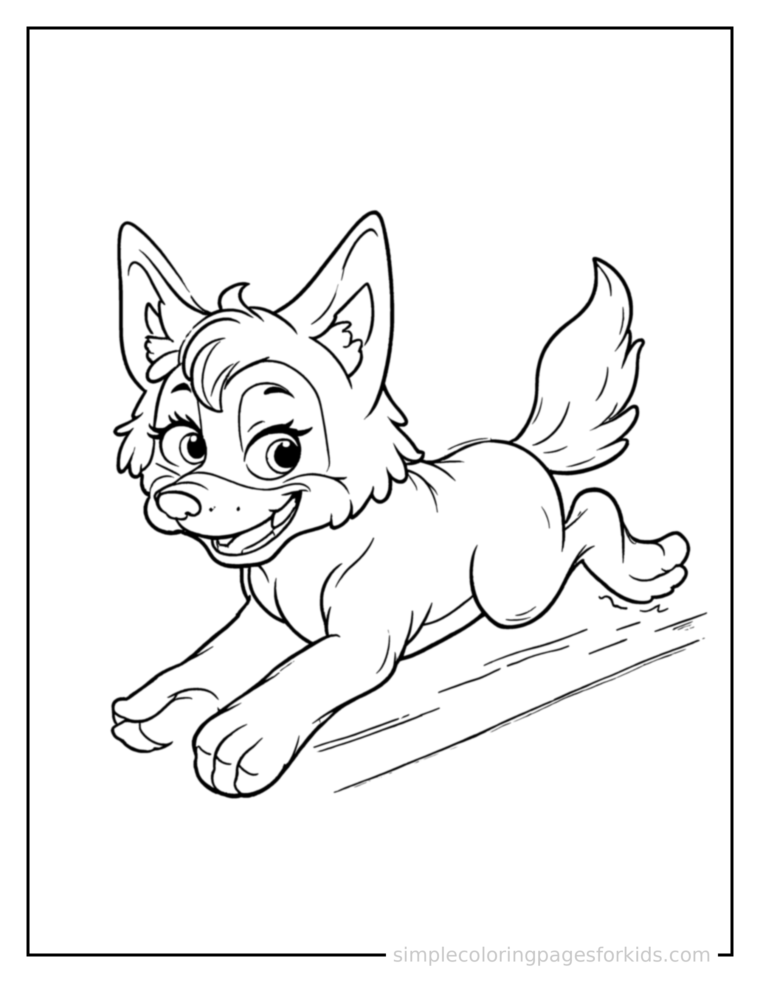 Free printable wolf coloring page featuring a cute wolf galloping forward at full speed, tongue out, ears flying back, big happy grin.